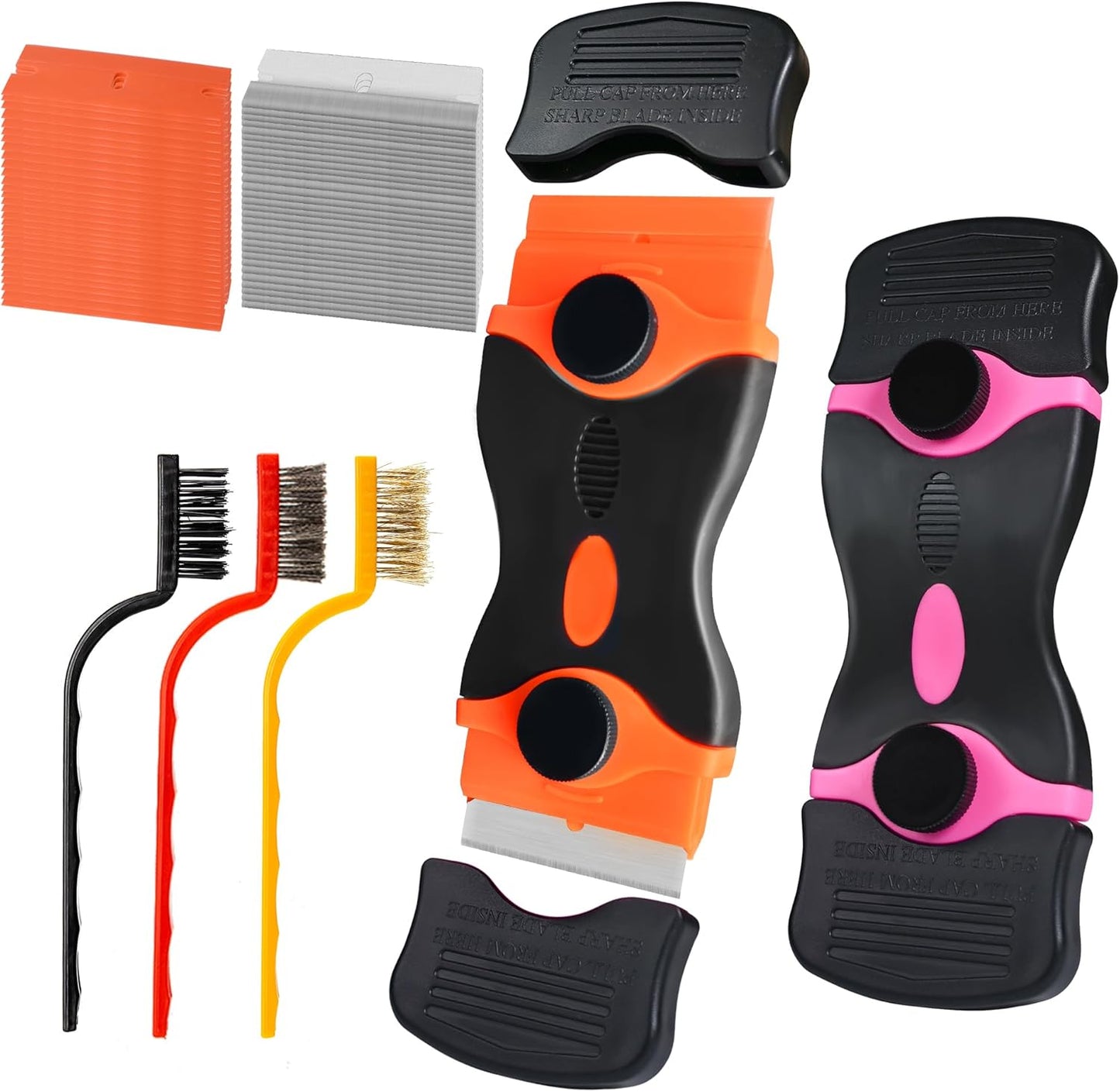 Razor Blade Scraper Tool,2 Pack Razor Scrapers with Extra 50Pcs Blades and 3pcs Wire Brushes Set,Glass Top Stove Scraper,Scraper Tool,Paint Scraper,Glass Scraper,Cleaning Tools for Oven, Cooktop