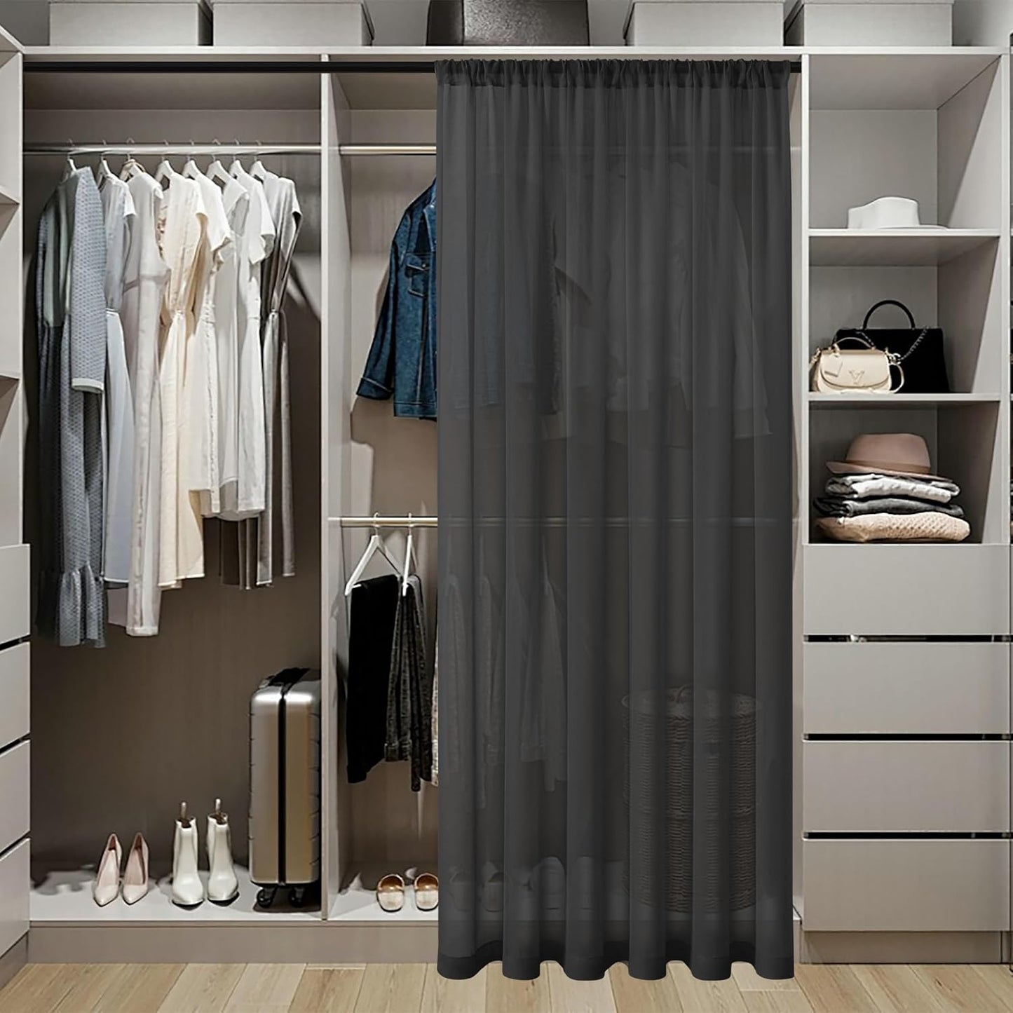 Tollpiz Short Sheer Door Curtain Closet Linen Textured Curtain Sheers Doorway Light Filtering Voile Patio Glass Door Rod Pocket Curtains French Door, 54 x 54 inches Long, Black, Set of 1 Panel