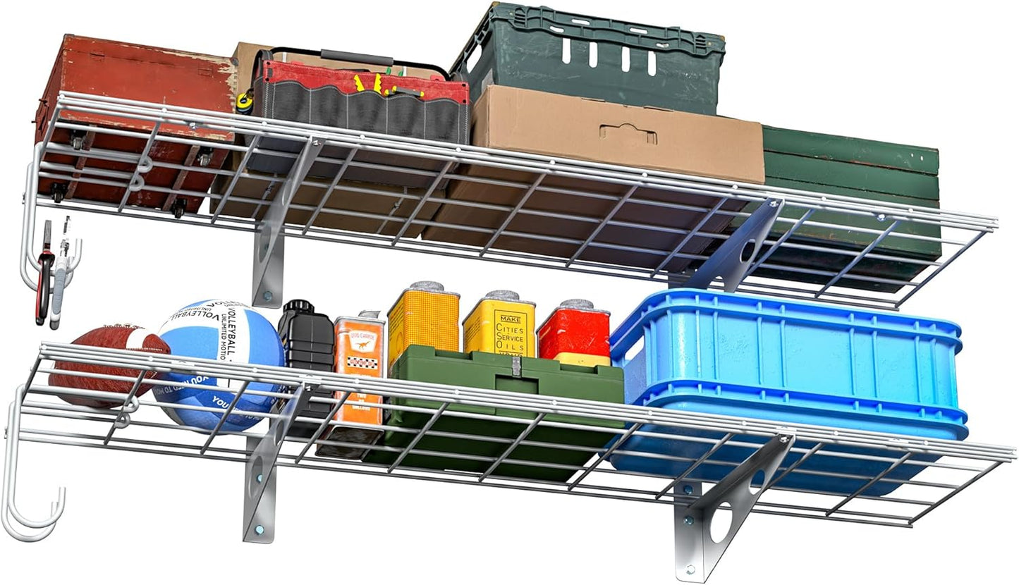 EVERHANGER Garage Wall Shelves, 12 X 48 Inch Wall Mounted Storage Shelves, Heavy Duty Metal Shelving with Hooks, 2 Pack, White