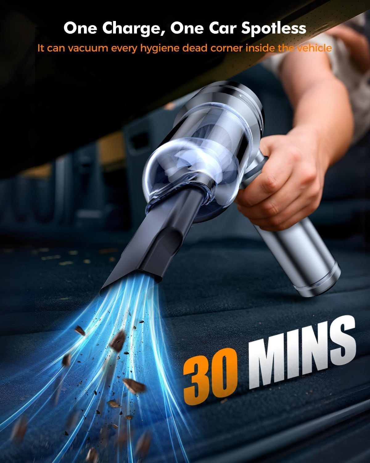 Car Vacuum,3 Suction Modes,Portable Mini Cordless Cleaner with 24000pa Suction Power,Type-C Charge,Handheld Vacuum for Home,Car, Office Desk, Keyboards(Dark Silver)