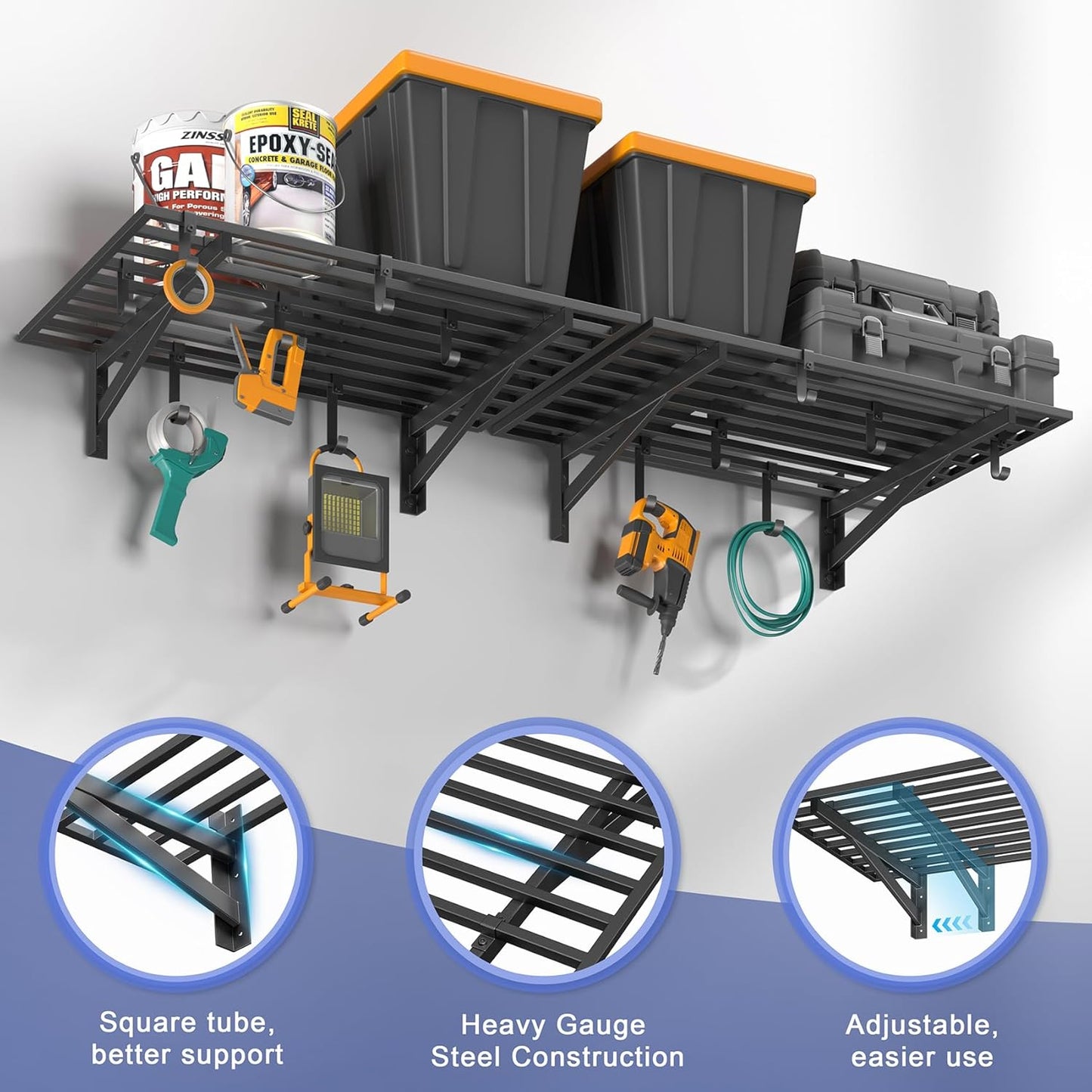 2-Pack 2x3ft Garage Shelving Wall Mounted, 2' x 3' Heavy Duty Garage Storage Shelves with Hooks, 400LB Capacity