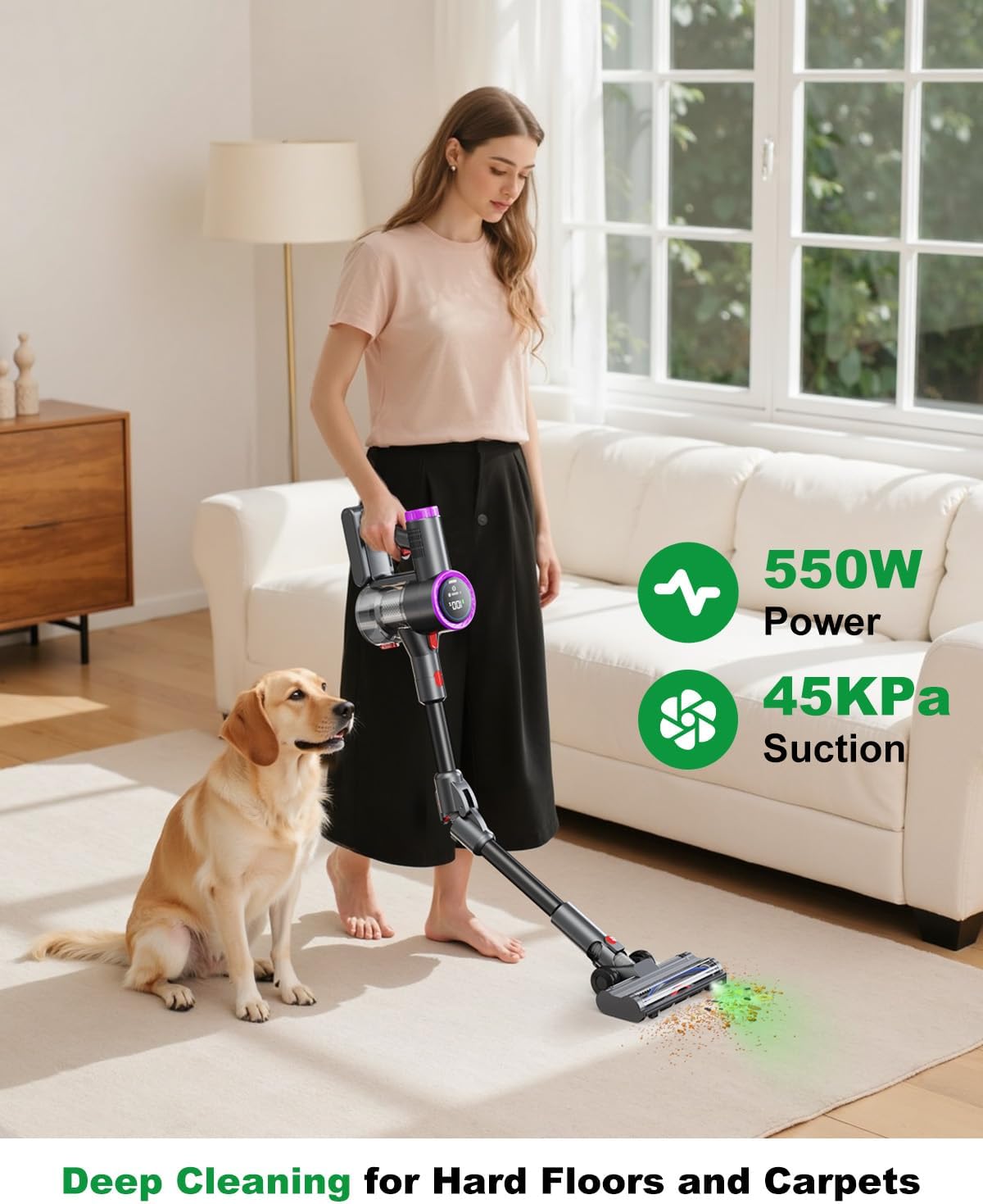 Cordless Vacuum Cleaner Bendable 6-in-1 Stick Vacuum — Lightweight with 45mins Runtime, LED Display & Headlight, Rechargeable for Carpet, Tile, Pet Hair & Hardwood Floors (Purple)