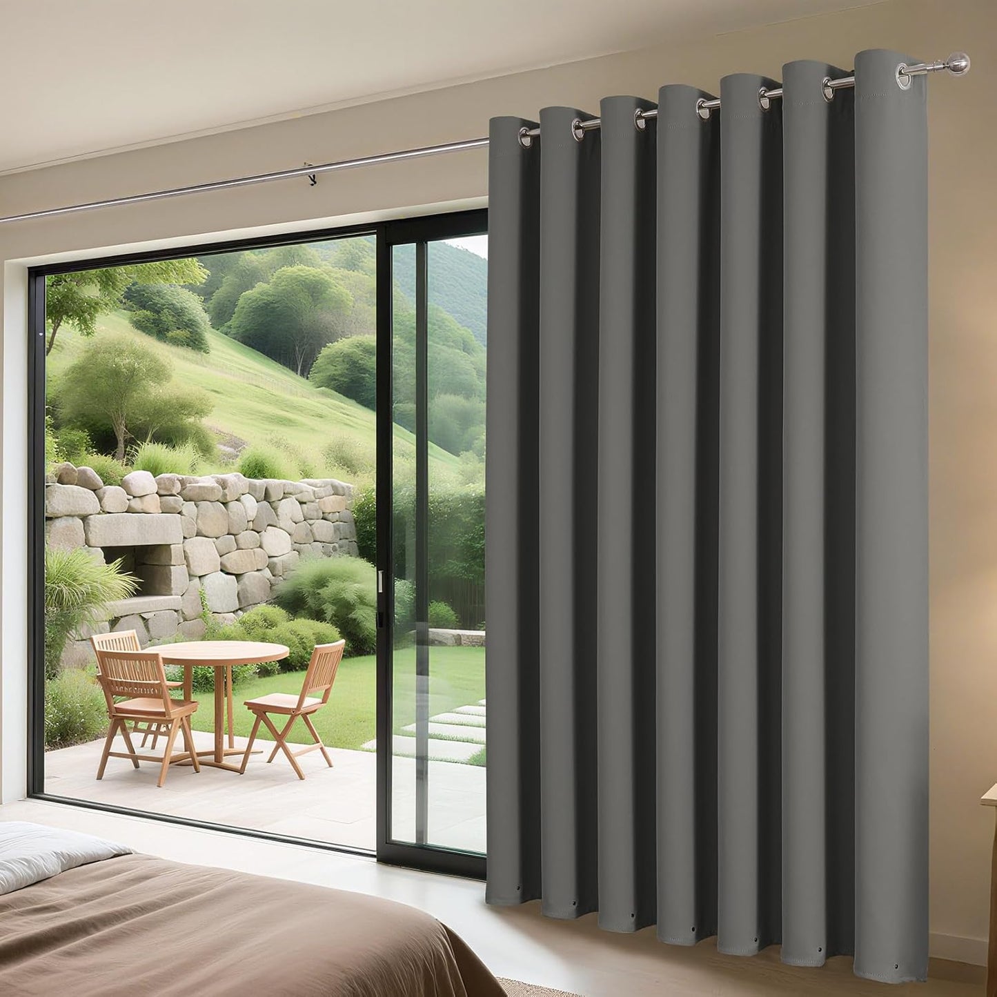 Joydeco Blackout Patio Sliding Door Curtains 96 Inches Long, Grommet Privacy Room Divider Curtains, Extra Wide Thermal Blackout Drapes for Bedroom Living Room (Light Grey, 100Wx96L, 1 Panel)
