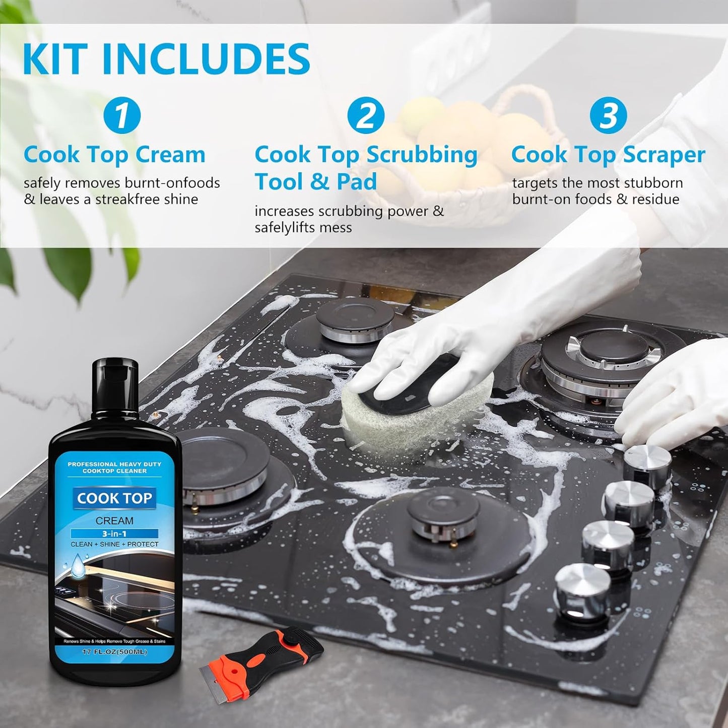 Cooktop and Stove Top Cleaner Kit, Glass Cooktop Cleaner Combo Kit with Razor, Scraper, Scrubbing Pad Removes Tough Stains, Stovetop Cleaner for Glass and Ceramic Surfaces,17OZ