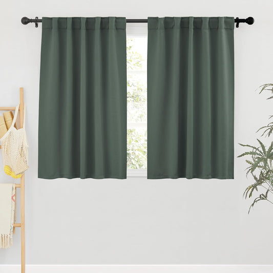 RYB HOME Blackout Curtains 45 inches Long - Thermal Insulated Privacy Solar Drapes for Kids Bedroom Cafe Bathroom, 42 inch Width x 45 inch Length, Dark Green, 2 Panels