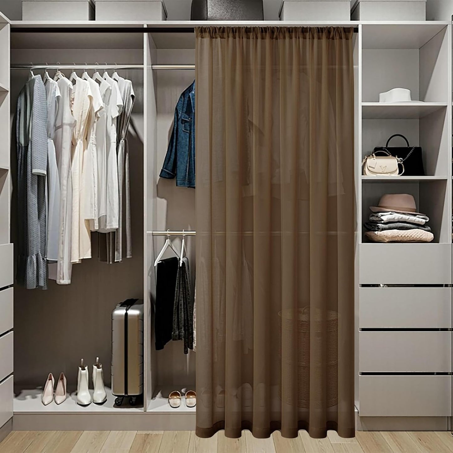 Tollpiz Small Sheer Door Curtain Closet Linen Textured Curtain Sheers Doorway Light Filtering Voile French Door Rod Pocket Curtains Patio Glass Door, 25 x 40 inches Long, Brown, Set of 1 Panel