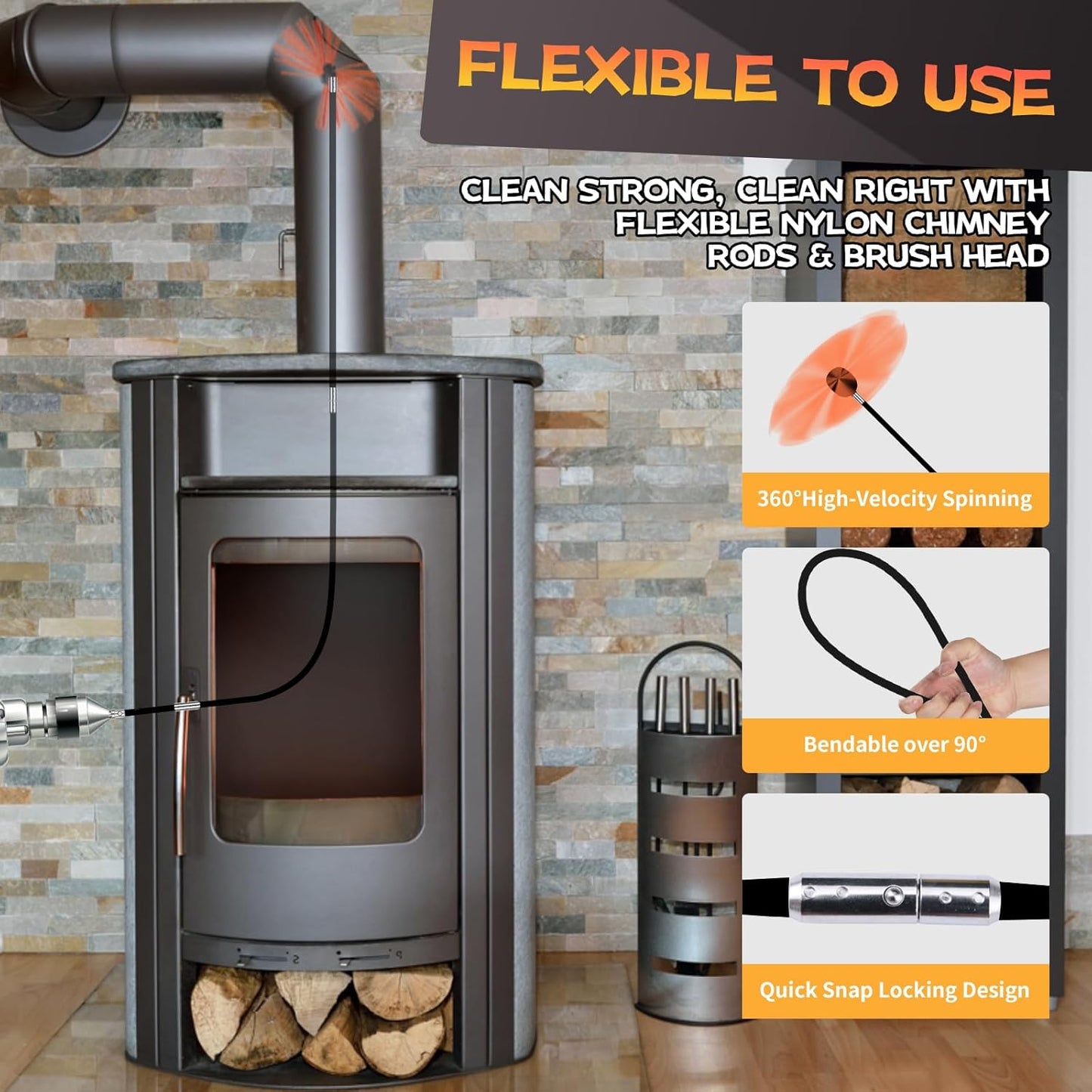 39 Feet Chimney Sweep Kit, Chimney Cleaning Kit with 12 Flexible Black Chimney Rods, Chimney Brush for Sweeping Fireplace, Rotary Chimney Cleaning System Driven by Drill