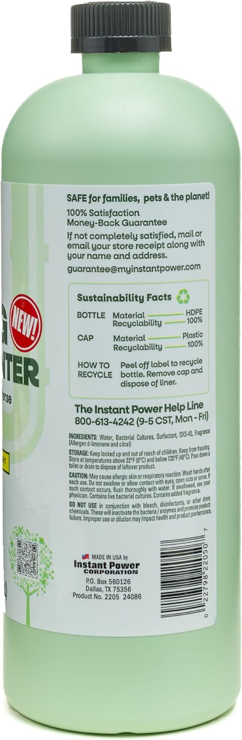 Instant Power Eco Clog Preventer - Enzyme Drain Cleaner Liquid and Deodorizer for Sink, Shower, Toilet, Garbage Disposal Cleaner, Bio-Based Drain Defense, Smell Remover and Odor Eliminator - 32 fl oz