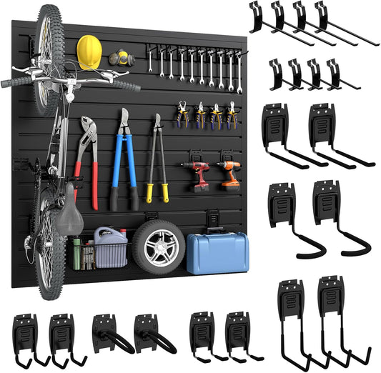 DoCred Slatwall Paneling Organizer, 4x4 FT PVC Garage Slat Wall Storage Systems, Heavy Duty Mounted Slat Peg Board for Tool Organization Ladder Bike Includes 20 PCS Hooks Accessories Kit (Black)