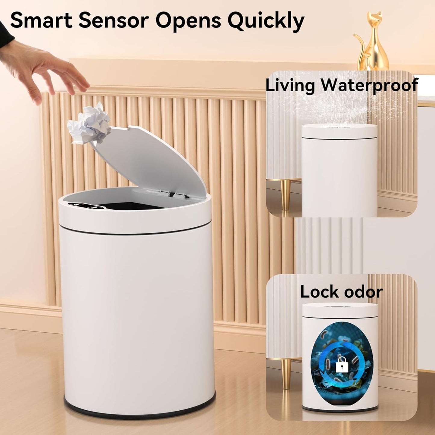 Bathroom Trash Can with Lid 2.6 Gallon Stainless Steel TrashCans Automatic Bathroom Garbage Can for Bedroom, Kitchen, Office