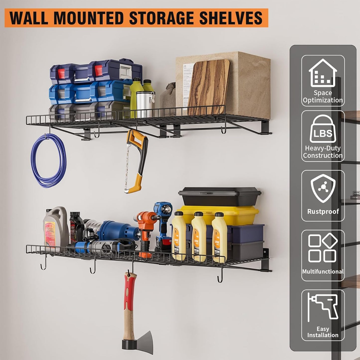 4 Pack Foldable Wall Shelf, Wall Mounted Garage Storage Shelves, Heavy Duty Wall Shelving Supports Up To 180 LBS. Floating Shelves With 8 Hooks Metal Storage Rack for Office, Kitchen and Laundry Room