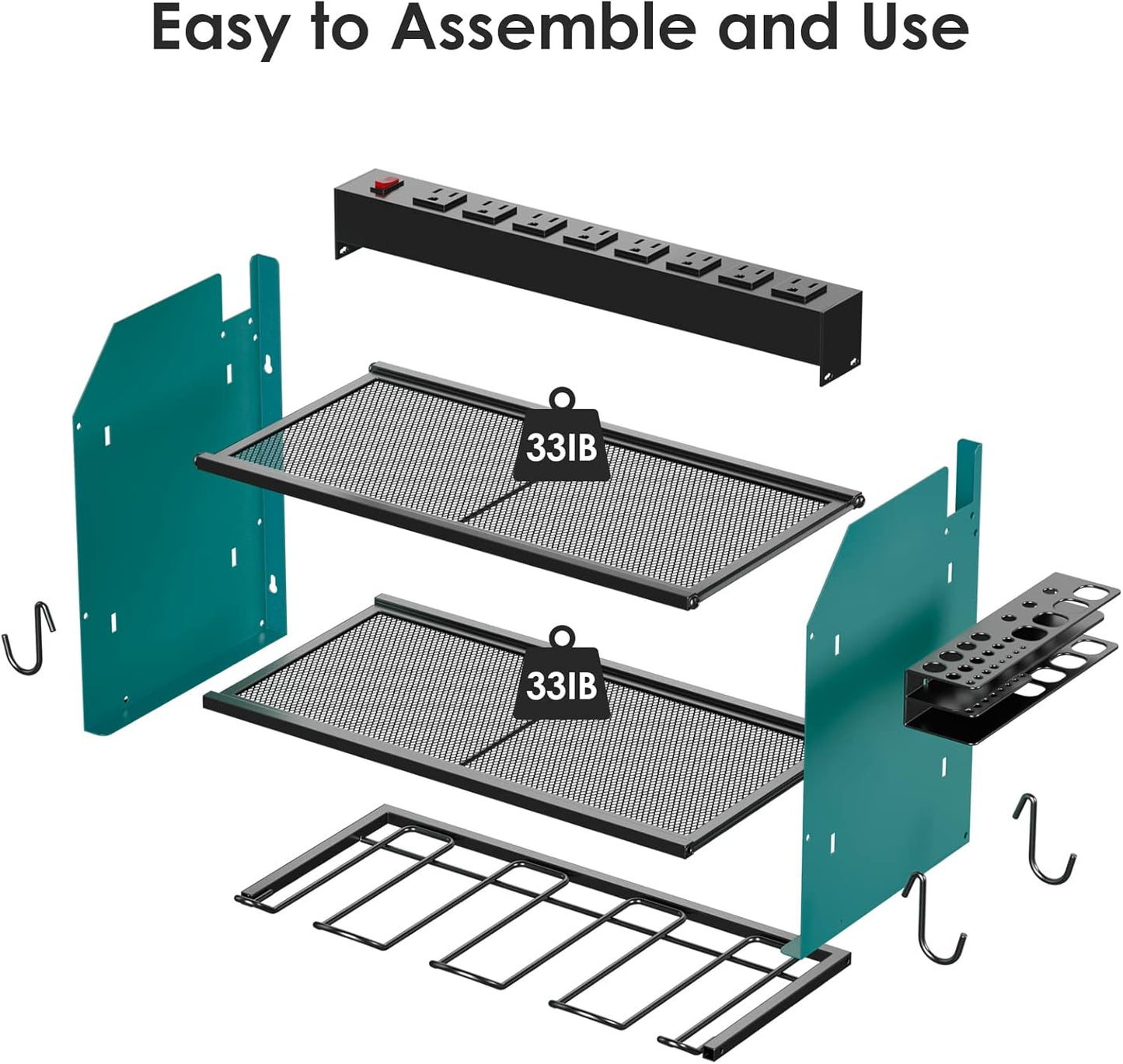 CCCEI Modular Power Tool Organizer Wall Mount with Charging Station. Garage 4 Drill Storage Shelf with Hooks, Drill Bit Heavy Duty Rack, Navy Blue Tool Battery Holder Built in 8 Outlet Power Strip.