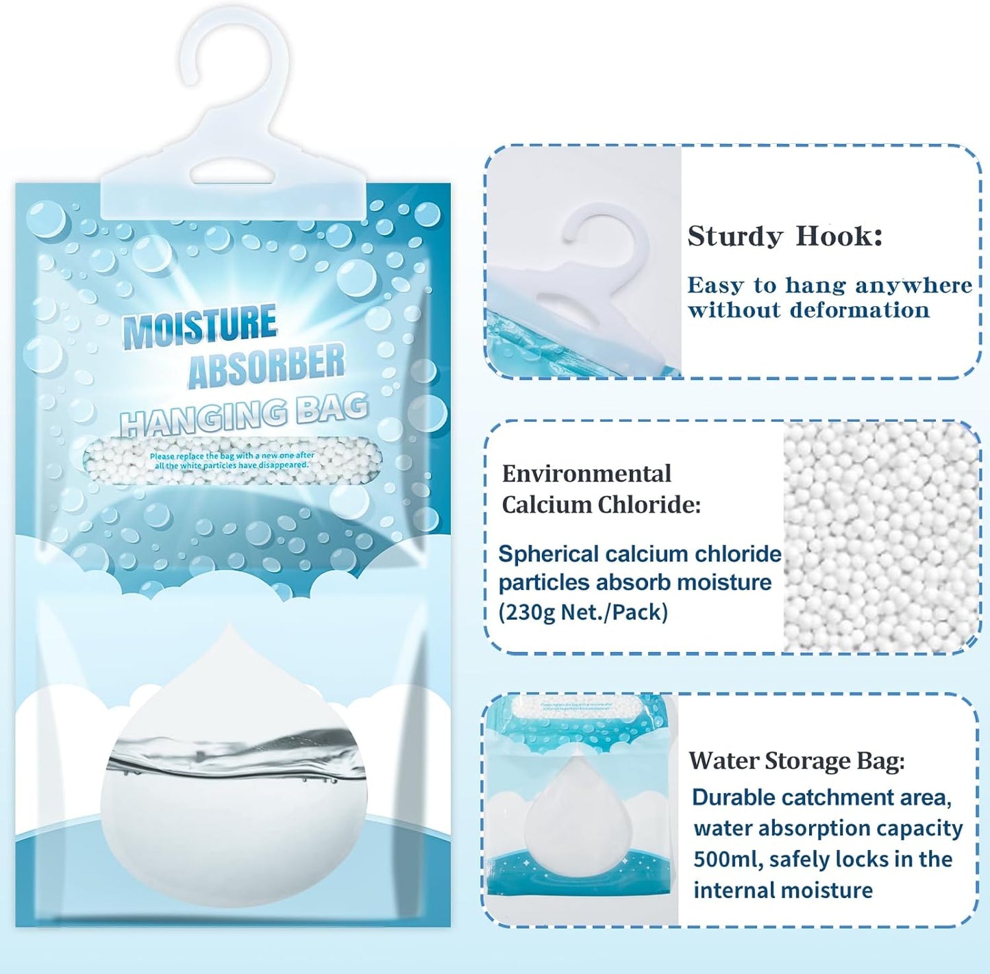 12 Pack Hanging Moisture Absorbers - Fagrance Free Dehumidifier Bags, 8.11 OZ, Removes Moisture & Odors, Humidity Absorber Packs for Closet Bedroom Kitchen