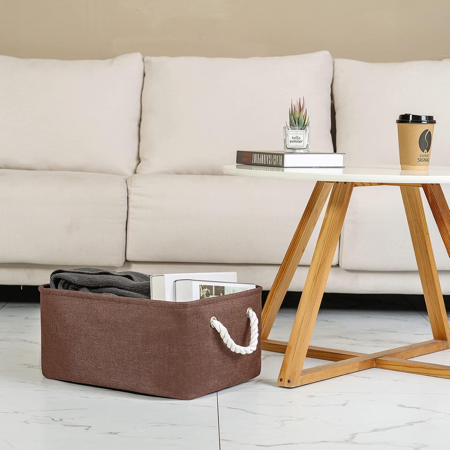 TheWarmHome Fabric Storage Basket for Home, Shelf, Closet - Canvas Bin for Dog Toys and Baby Items (Brown, 1 Pack, 13.8L9.8W6.7H)