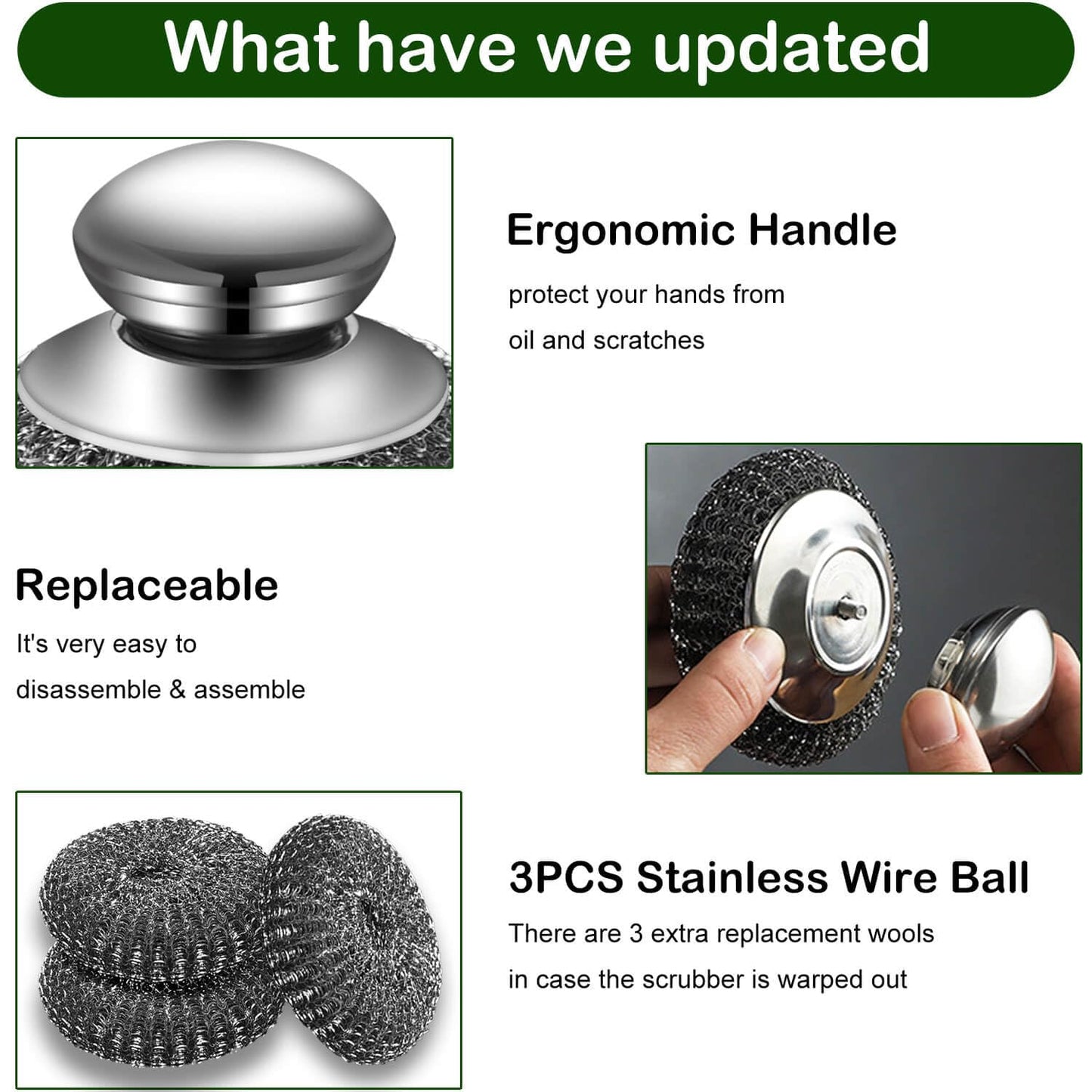 Steel Wool Scrubber with 2 Handles & 3 Replacement Wire Sponge(Scouring Pads) - Stainless Metal Cleaner Heavy Duty Brush for Pots, Pans, Cast Iron, Grill, Sink, Dishes, Stove, Kitchen Deep Clean