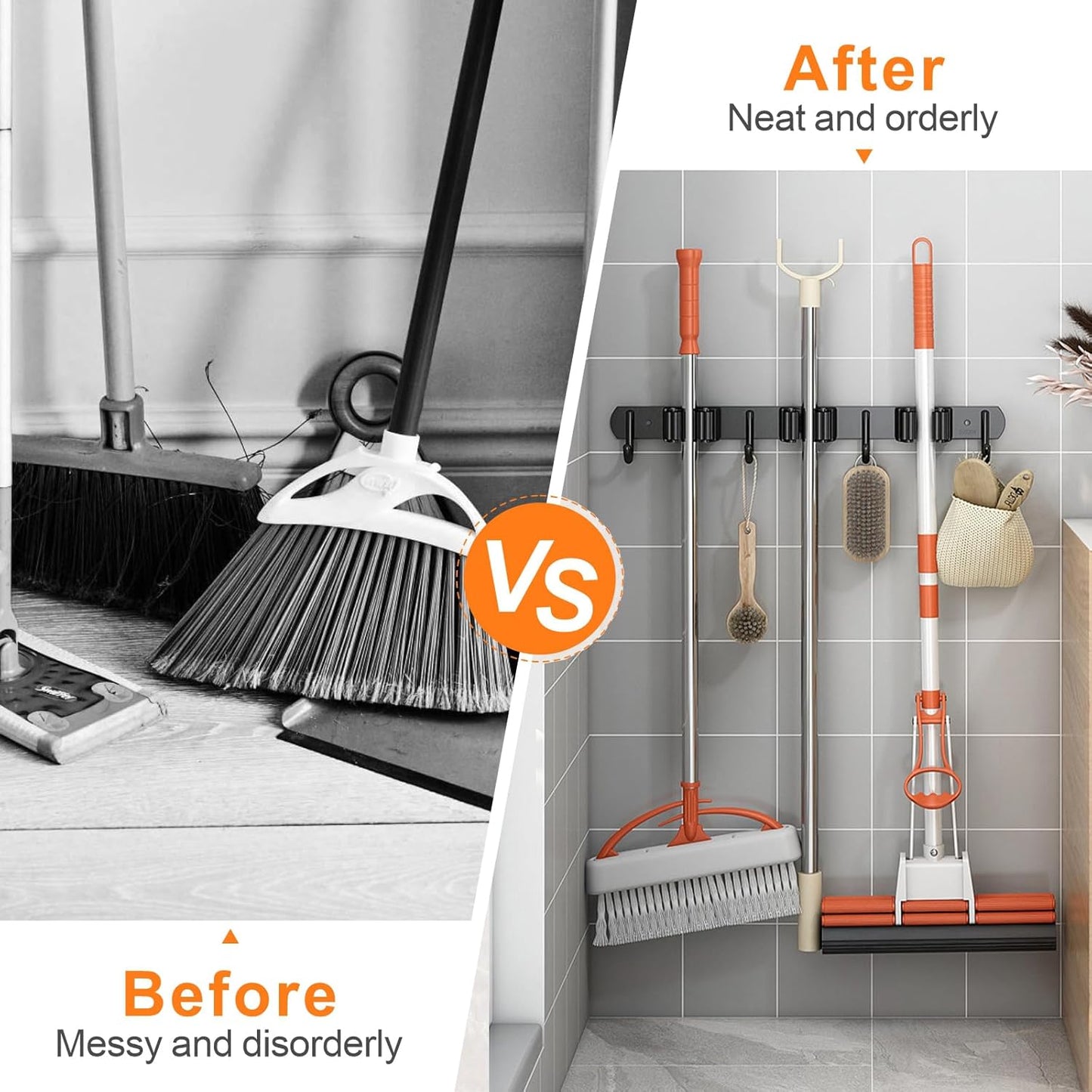 2 Pack Mop and Broom Holder Wall Mount, Non-slip Broom Hanger Wall Mount, Heavy Duty Mop Broom Organizer for Kitchen Garden Garage Laundry Room Wall Decor Organization and Storage Black 3R4H