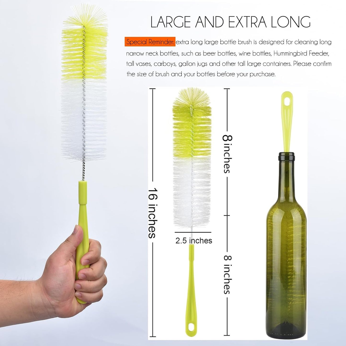 ALINK 16 inch Long Bottle Brush Cleaner for Washing Wine/Beer/Sport Well/Thermos/Glass, Hummingbird Feeder and Long Narrow Neck Sport Bottles