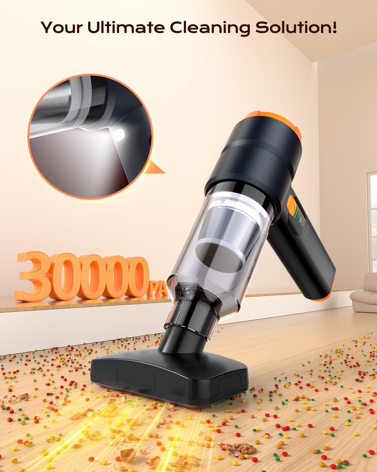 Car Vacuum Portable Cordless, Handheld Vacuum Cordless with 30000PA Suction, 130000RPM, 6800mAh Battery, 10 Nozzles, Rubber Paint Material for Car, Home, Pet Cleaning（Charcoal Black）