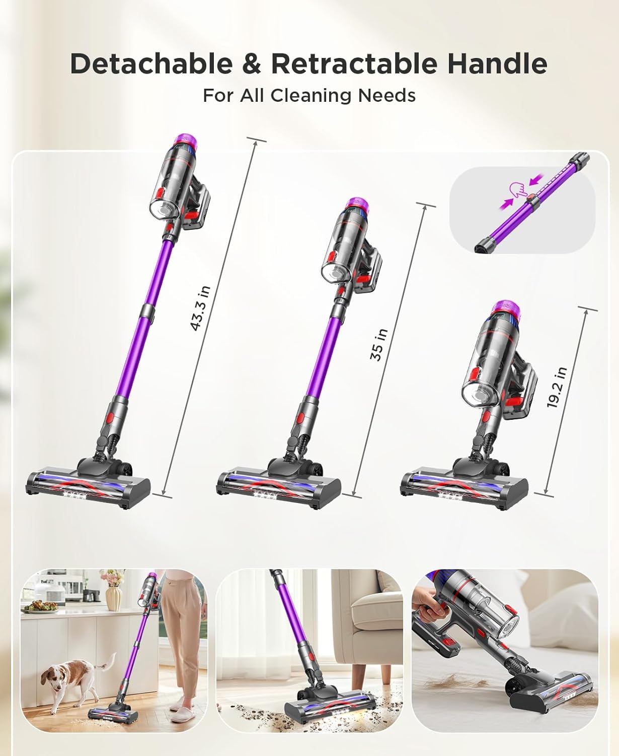Cordless Stick Vacuum Cleaner - 550W Powerful Cordless Vacuum with HEPA Filter, Up to 50min Runtime & Tangle-Free Lightweight & Detachable Battery for Pet Hair Carpet Hardwood Floor Cleaning