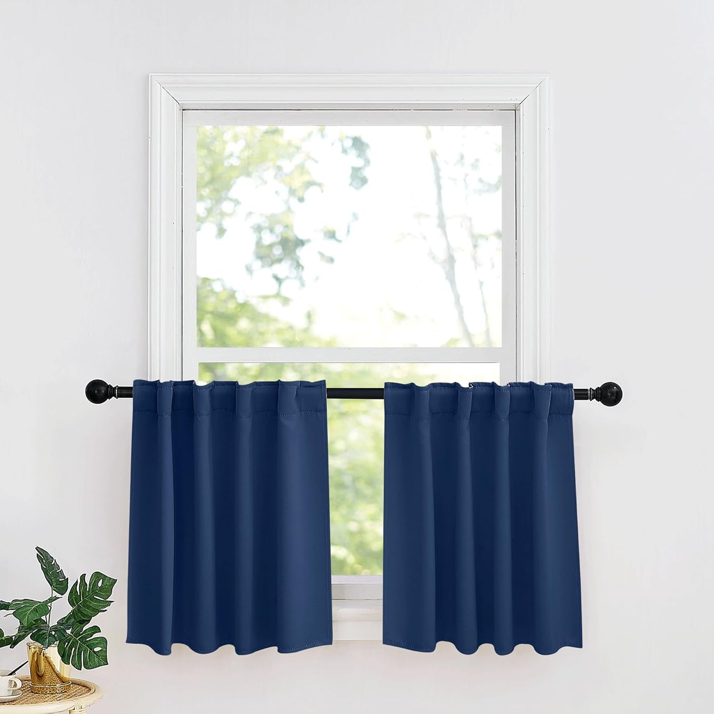 RYB HOME Kitchen Window Curtains - Blackout Privacy Half Window Curtains for Bedroom Bathroom Dining Living Room Cafe Office Short Tiers Drapes, W 34 x L 36 inches, 2 Panels, Navy Blue