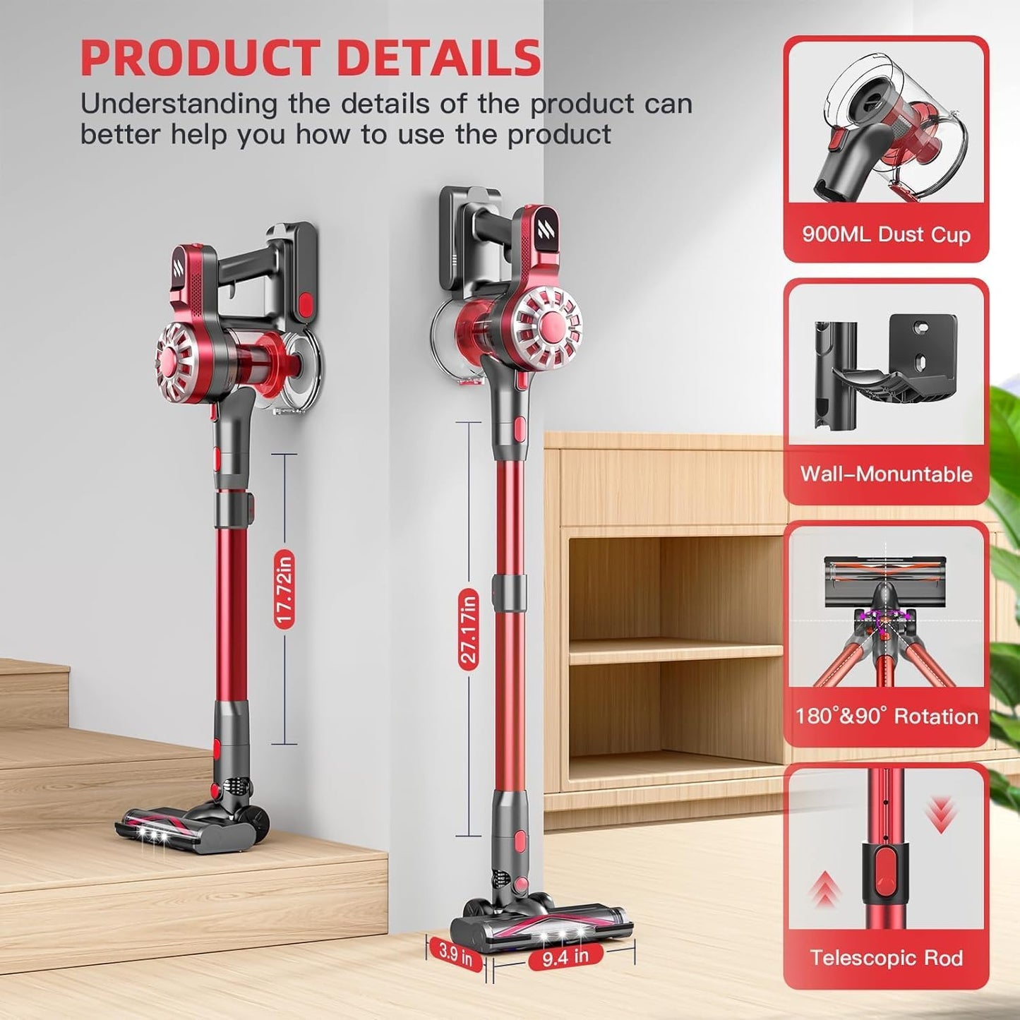 Cordless Vacuum Cleaner,Vacuum Cleaners for Home with Super Suction,Lightweight Stick Vacuum with 35 Mins Runtime,Rechargeable Cordless Vacuum for Carpet, Tile, Pet Hair, Hardwood Floors(Red)