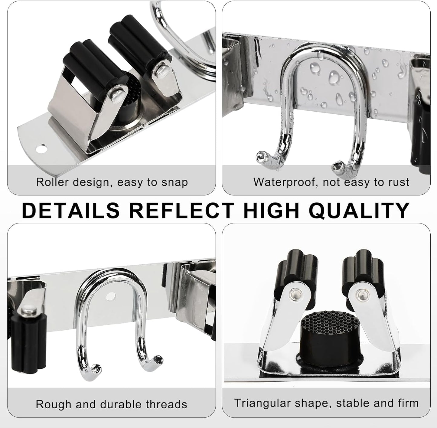 Mop Broom Holder Wall Mount, Silver Stainless Steel Tool Storage Organizer for Kitchen Garden Garage Laundry Room Bathroom and RV with 4 Slots 6 Hooks