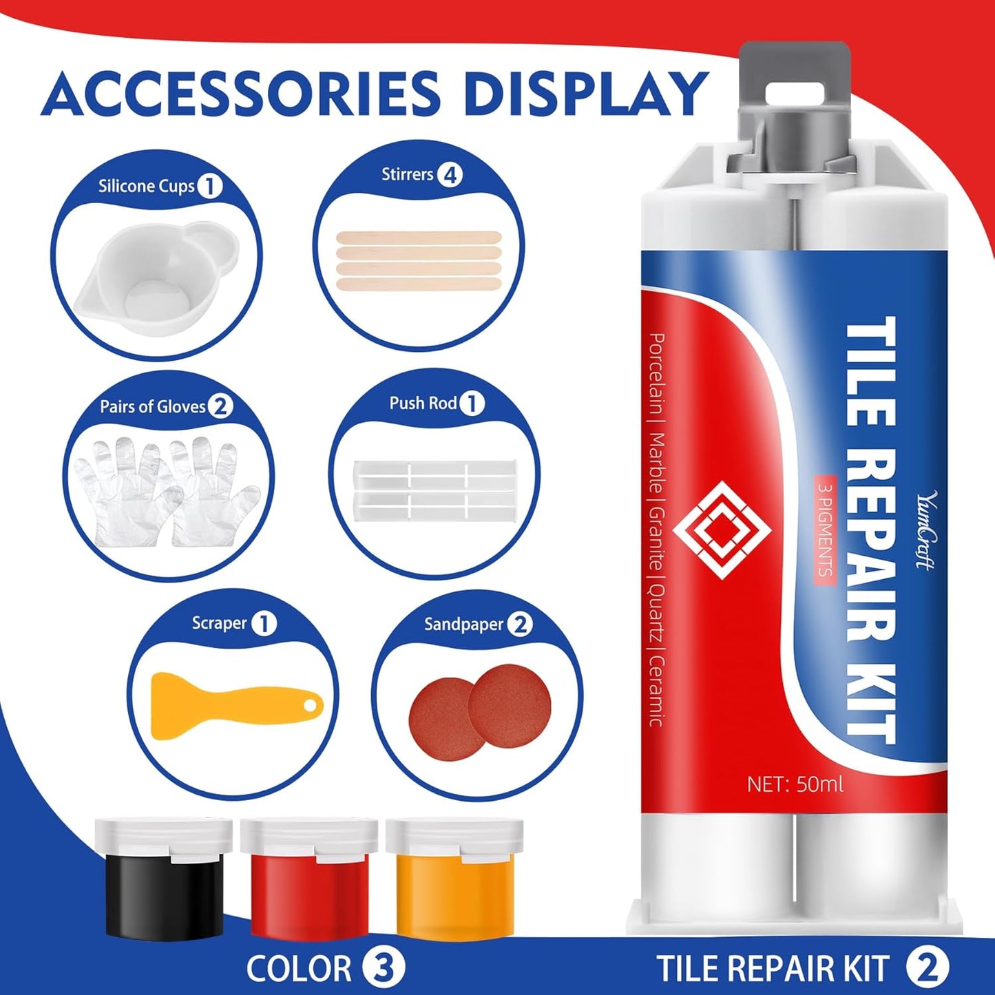 Tile Repair Kit, Ceramic Tile Repair Kit for Bathtub Crack and Hole, Porcelain Tile Chip Repair Kit, Floor Cracked Tile Filler Fix Chipped Edges Corners, Reattaches Missing Pieces, Acrylic