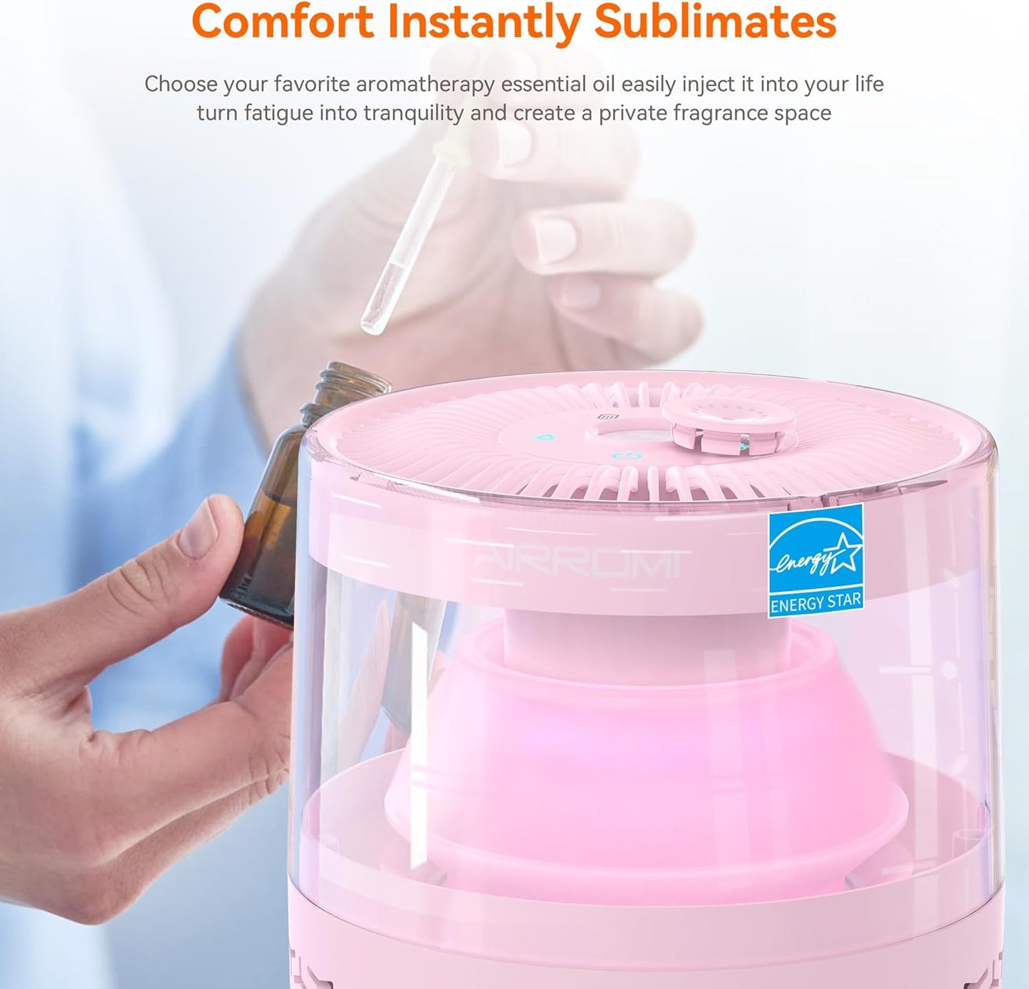 AIRROMI Air Purifiers for Bedroom Home,Up to 658 Ft²,Activated Carbon Filter Cleaner,With Fragrance Sponge for Better Sleep,Night Light,Pet Dander,Allergies,Smoke,Odor,Desktop Air Cleaner A2002 Pink