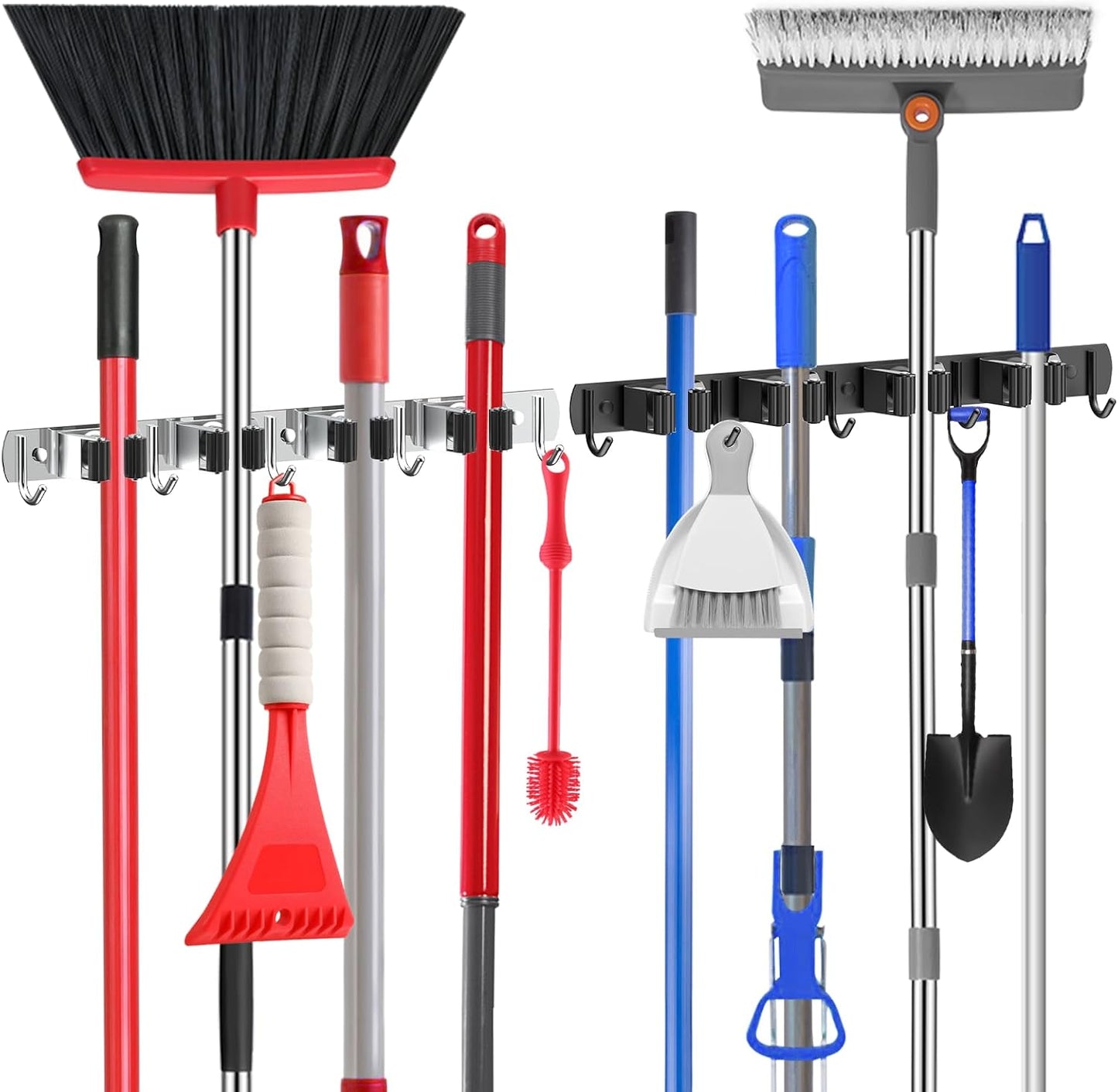 nacena Broom holder Wall Mount, 2-Pack Stainless Steel Self-Adhesive Mop and Broom Hooks Heavy Duty Broom and Mop Storage Rack laundry room organization Garage Organizer for Kitchen Garden garage