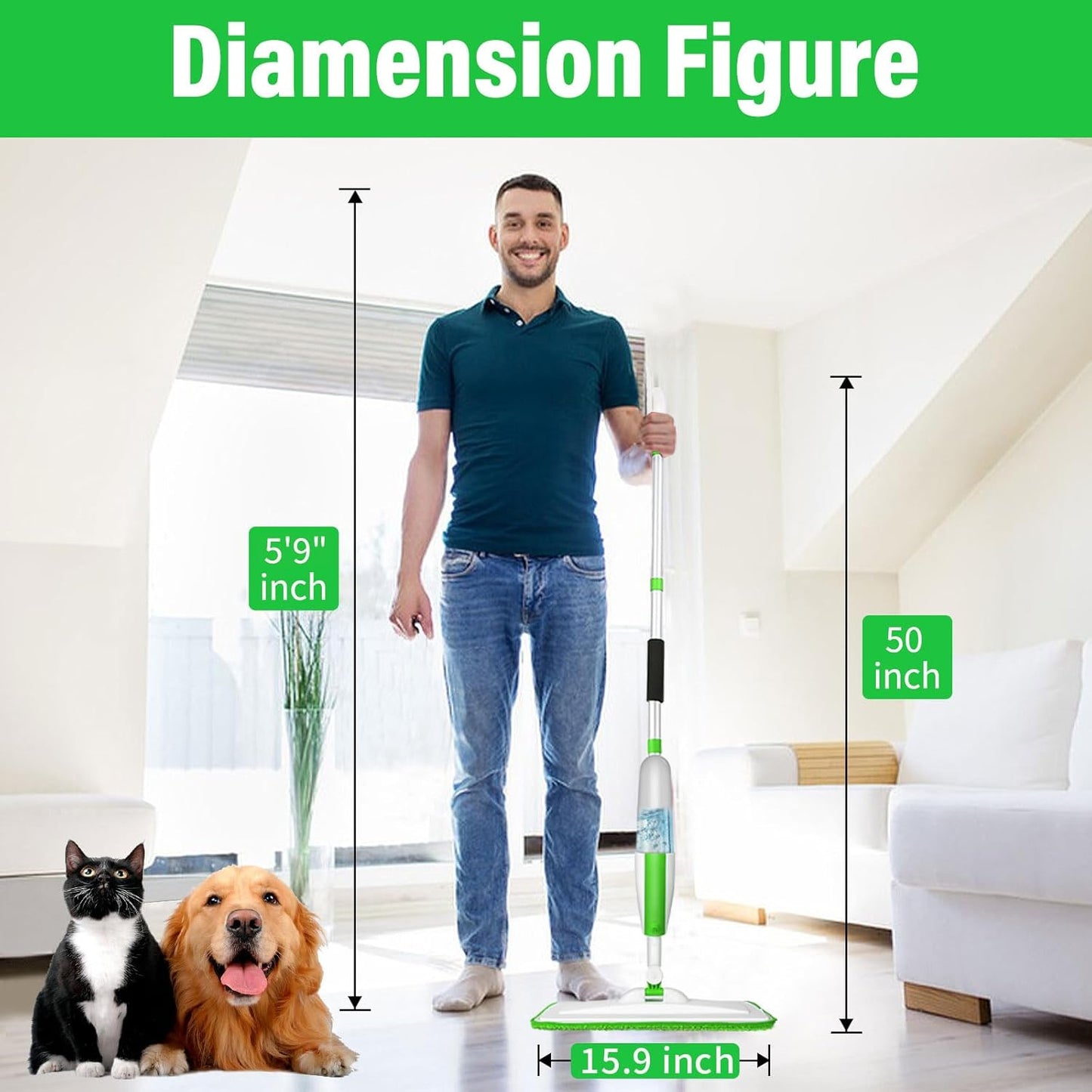 Mops for Floor Cleaning Wet Spray Mop with 14 oz Refillable Bottle and 3 Washable Microfiber Pads Home or Commercial Use Dry Wet Flat Mop for Hardwood Laminate Wood Ceramic