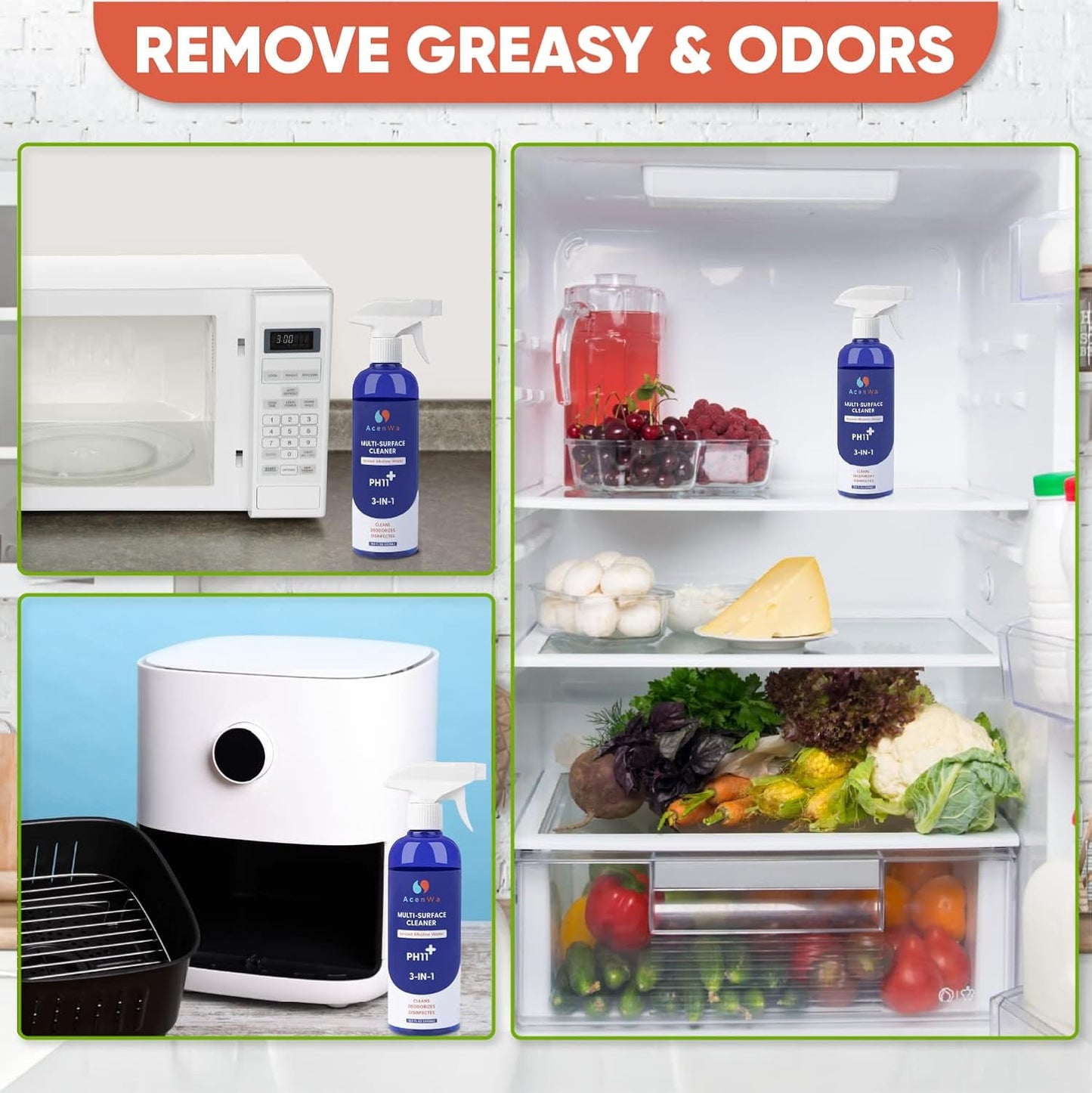 Natural Multi-Surface Cleaner is an unscented spray that degreases, deodorizes, work on air fryer, dishe, microwave, stove, table, fridge, bathtub, toilet, remove blood stains from clothes.