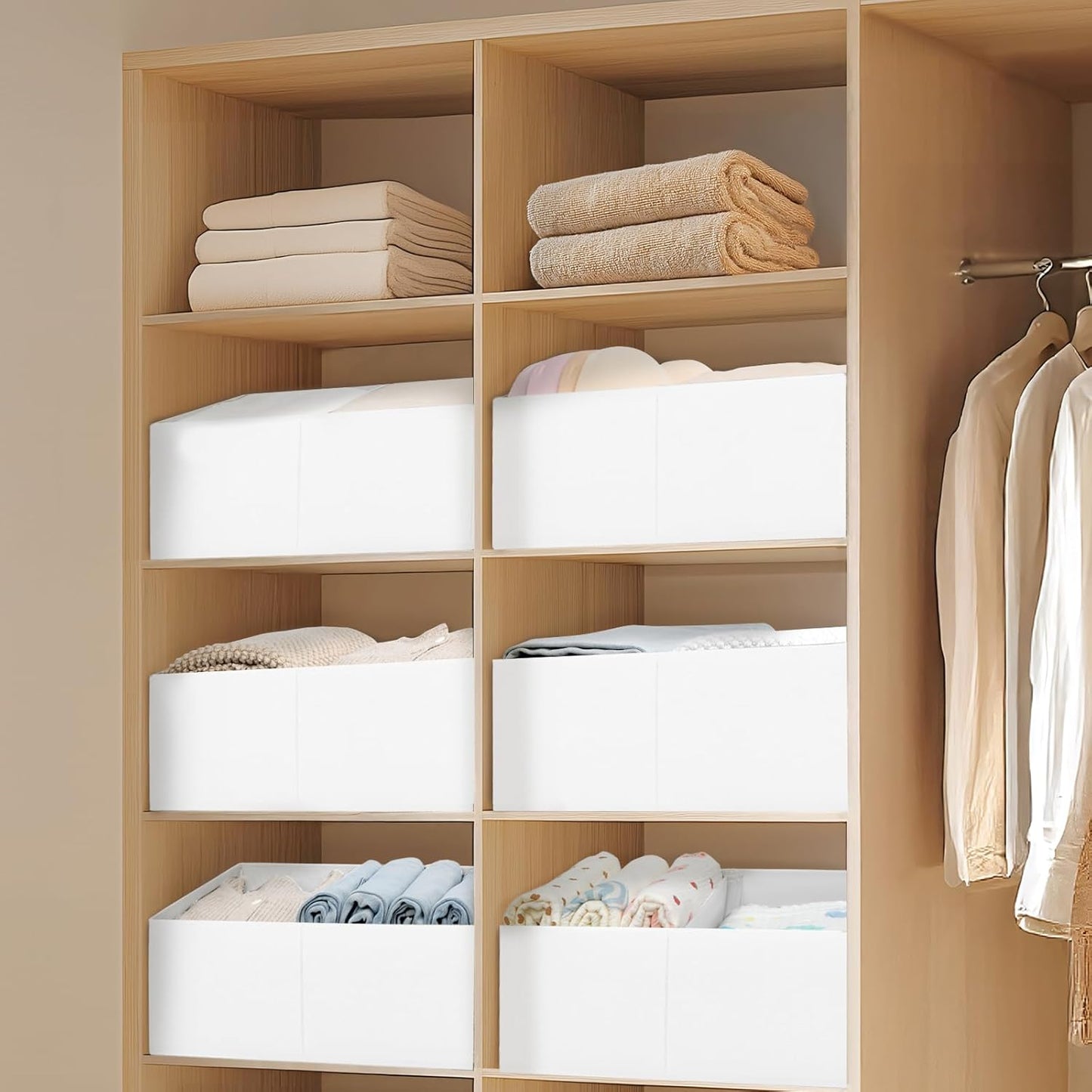 DIMJ Large Closet Shelf Organizer Bins 4 Packs with Handles and Divider, Fabric Trapezoid Storage Baskets, Foldable Clothes Containers Box for Shelf, Towel, Book, Toy, Purse, Hats, Pink