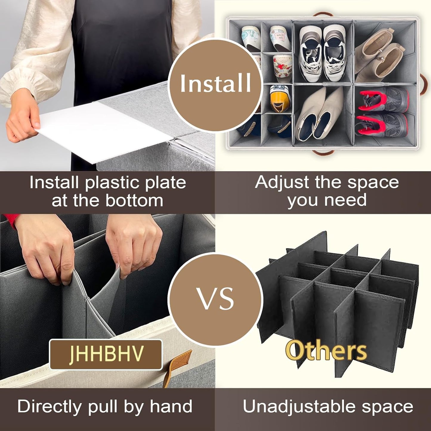 1 Pack Shoe Organizer for Closet, Adjustable Shoe Box Storage Containers, Large Foldable Shoe Bins with Clear Cover, Space Saving Shoes Holder with 4 Handles, Fits 12-24 Pairs, Beige