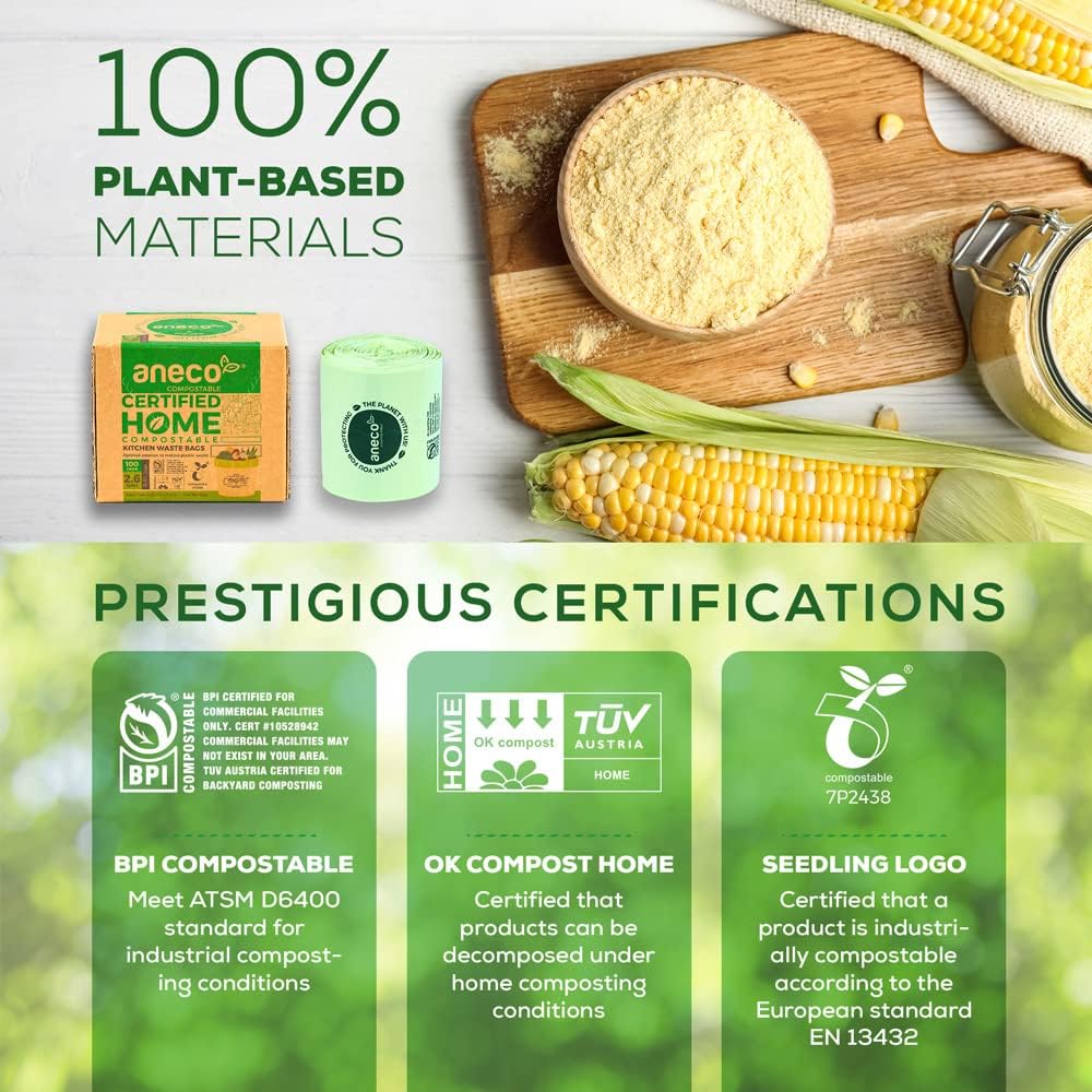 (Include 10 Bonus Bags) ANECO 100% Compostable Waste Bags 2.6 Gallon, Extra Thick Kitchen Small Compost Bags for Countertop Bin, 110 Count (100 + 10 Extra)