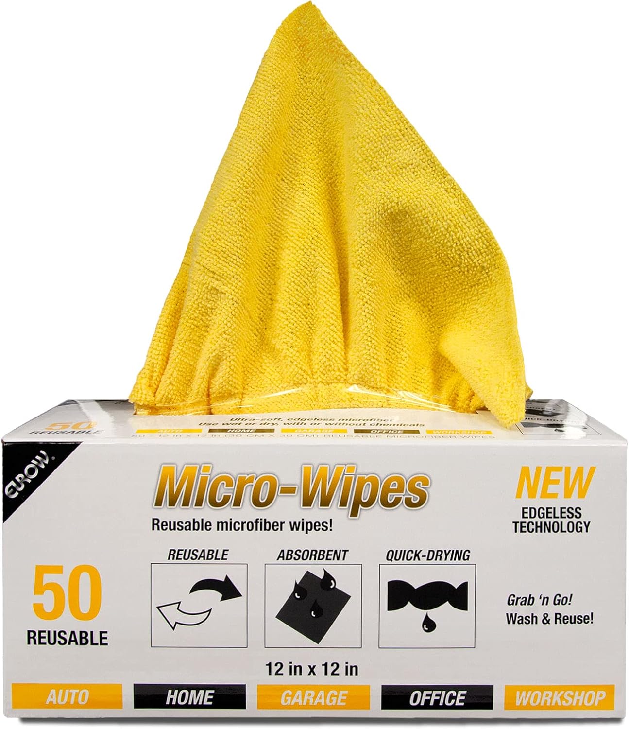 Eurow 200GSM Microfiber Cleaning and Drying Cloths with Dispenser Box, Reusable, Streak-Free, Scratch-Free, Ultra Absorbent, Edgeless for All Surface Types, 12x12in, 50-Pack, Yellow