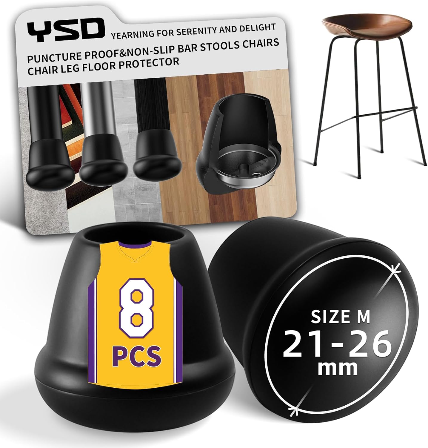 1 Inch Heavy Duty Rubber Chair Leg Caps - 8 PCS Non-Slip Furniture Floor Protectors with Metal Inserts for Wood, Tile, Carpet - Fits Chairs,Stools,Bar Stools