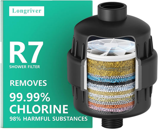 R7 Shower Filter High Put Shower Water Filter for Hard Water 99.99% Remove Chlorine, Heavy Metals, Shower Water Softener, Improve your skin and hair, Bathroom Fixture Hardware Parts, Black