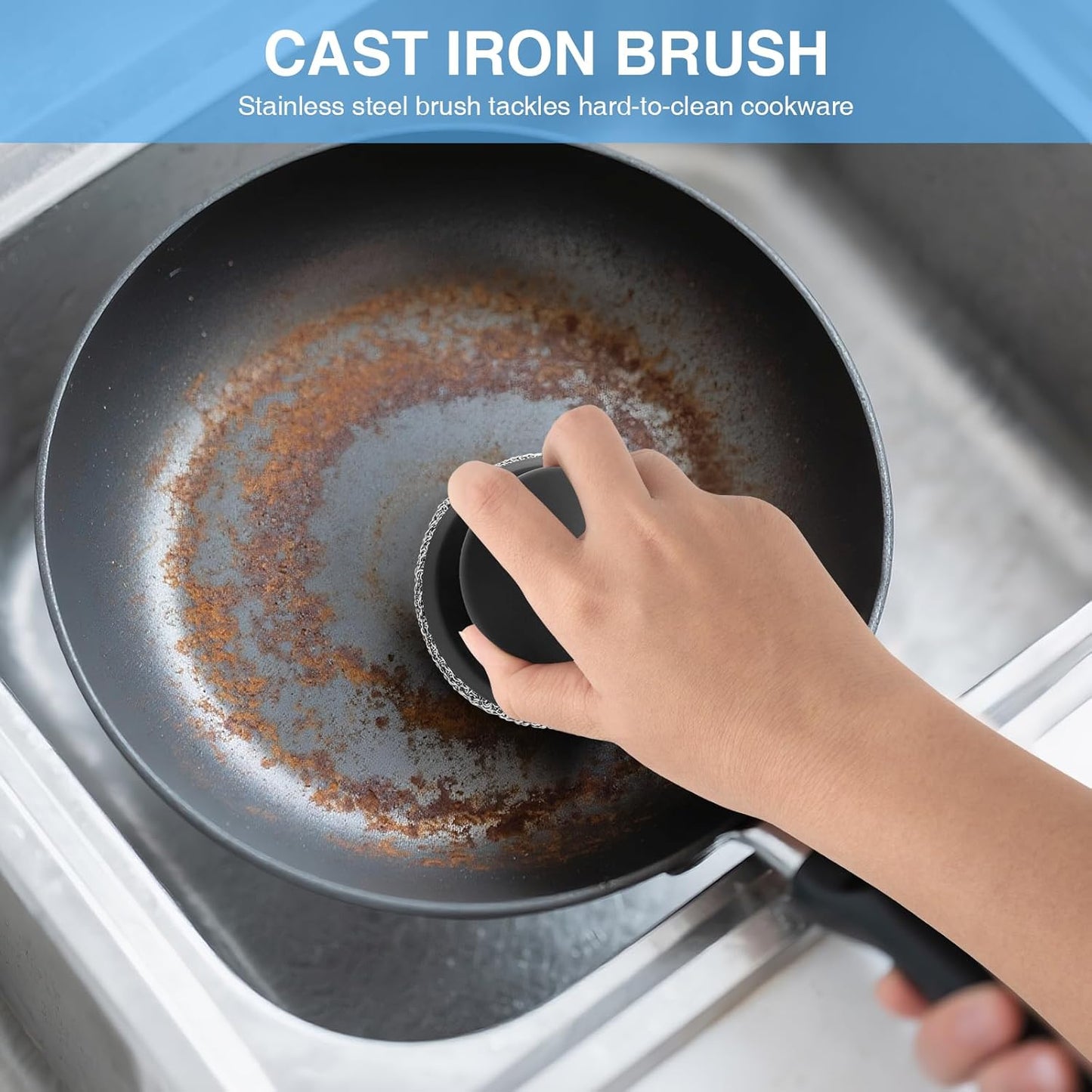 Cast Iron Scrubber Cleaner, Chainmail Scrubber for Cast Iron Pan Skillet, Dish Scouring Pad, Stainless Steel Brush/Scraper for Metal Skillet Scrubbing, Wok, Dutch Oven Cleaning Kit - Thin Mesh