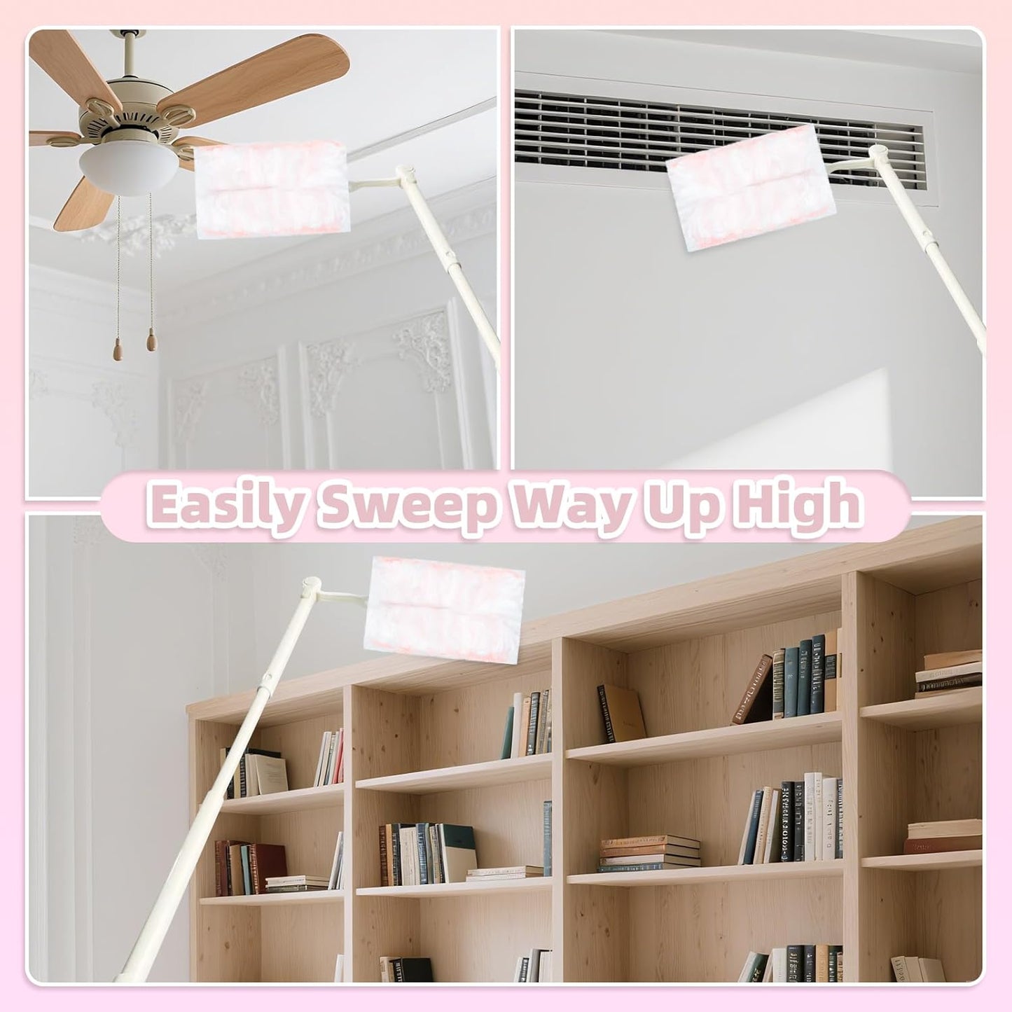 52 Count Disposable Duster Refills for Cleaning, 180° Dusters Refills Compatible with Swiffer (Pink, 50 Count Dust Removal Brushes + 1 Standard Handle + 1 Extended Handle)