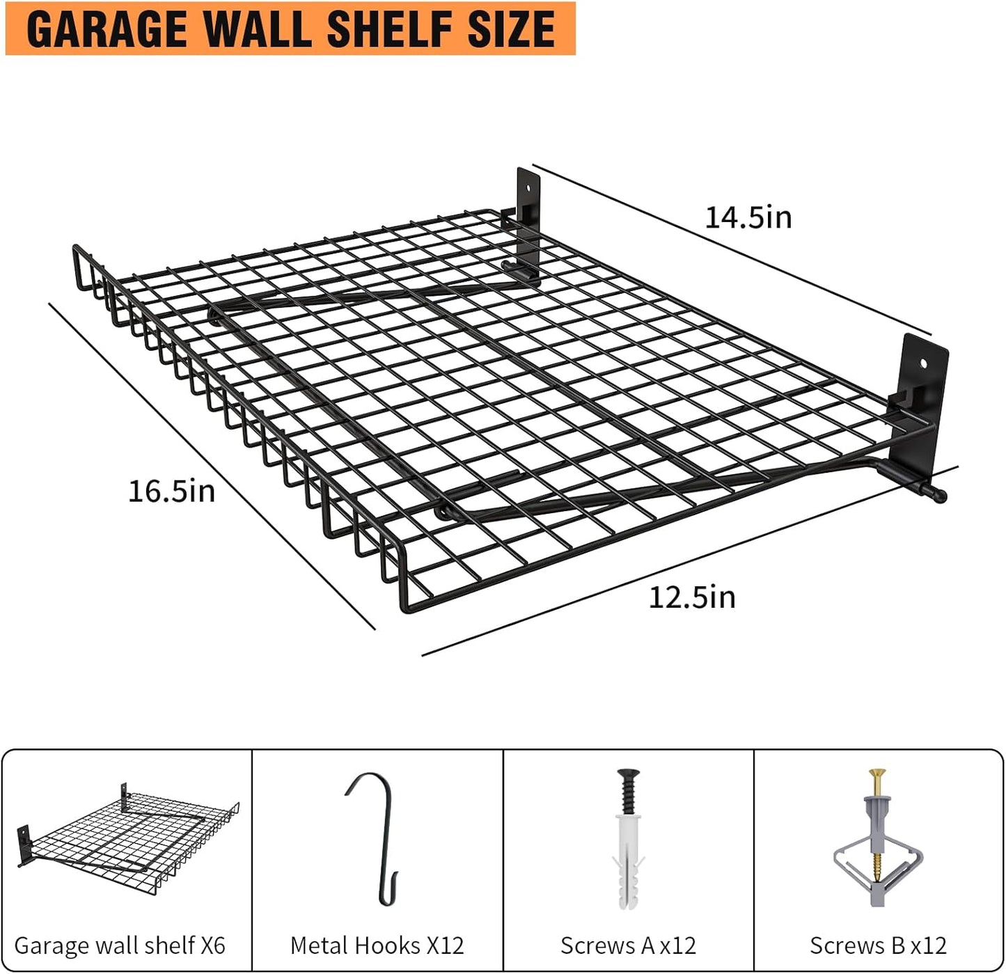 6 Pack Foldable Wall Shelf, Wall Mounted Garage Storage Shelves, Heavy Duty Wall Shelving Supports Up To 270 LBS. Floating Shelves With 12 Hooks Metal Storage Rack for Office, Kitchen and Laundry Room