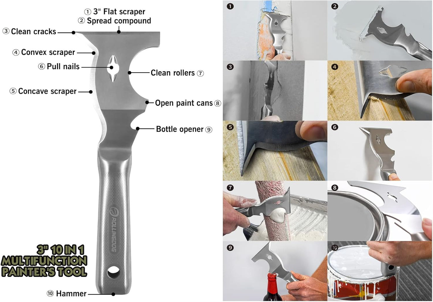 ROLLINGDOG 10 in 1 Painter's Tool - Stainless Steel Mirror Polished One Piece Blade And Laser Engraved Handle,3 inch Multifunction Putty Knife Drywall Paint Scraper