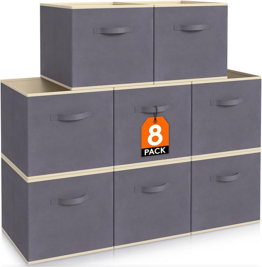 Lifewit 11 Inch Cube Storage Bins, Storage Cubes Foldable Medium Decorative Fabric Storage Baskets for Organizing Home Organizers with Handles for Shelves, Closet, Set of 8, Grey