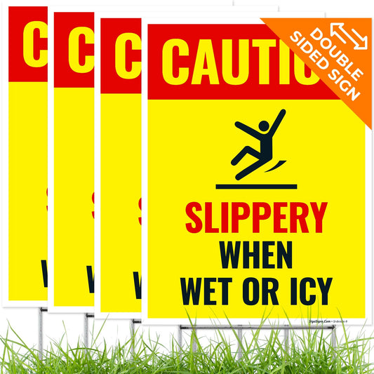 Caution Slippery When Wet or ICY Sign, (SI-84404) (4 Pack) Double Sided 9x12 Inches, Corrugated Plastic with Metal H Stake, Made in USA by Sigo Signs