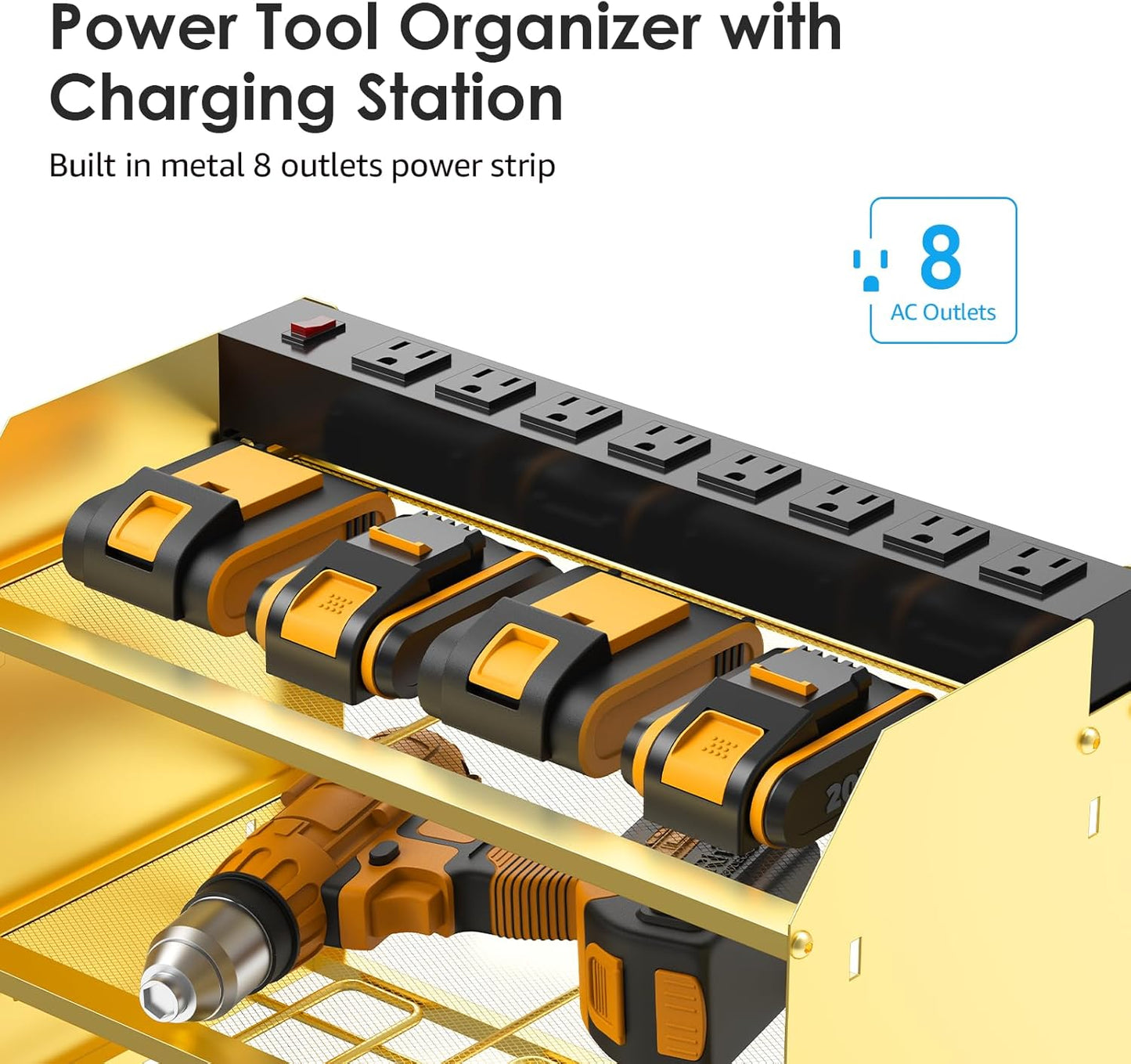 CCCEI Modular Power Tool Organizer Wall Mount with Charging Station. Garage 4 Drill Storage Shelf with Hooks, Drill Bit Heavy Duty Rack, Gold Tool Battery Holder Built in 8 Outlet Power Strip.