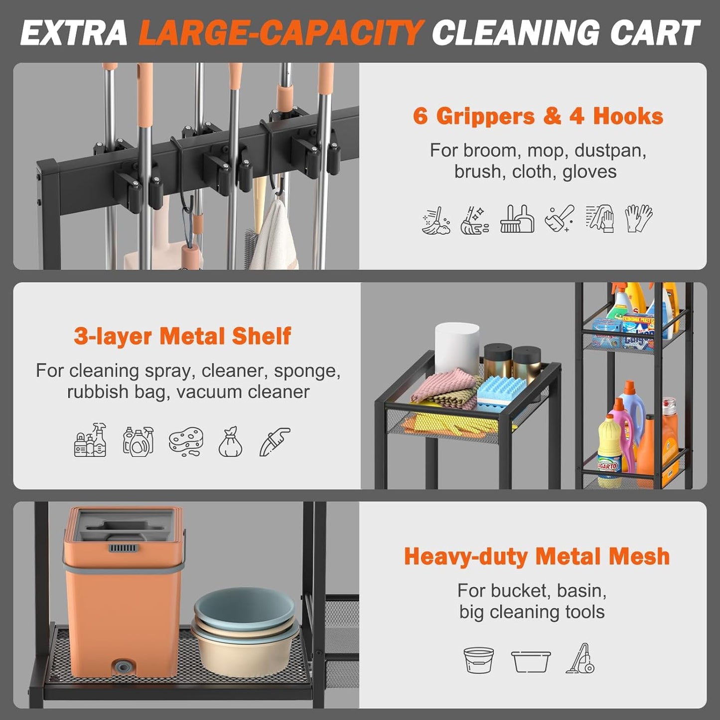 Broom Holder with Cleaning Supplies Organizer, Broom Closet Storage Cabinet with Cleaning Caddy, Cleaning Cart with Mop Hanger Gripper Rack Hooks,Janitorial Cart,Utility Carts Household Essentials