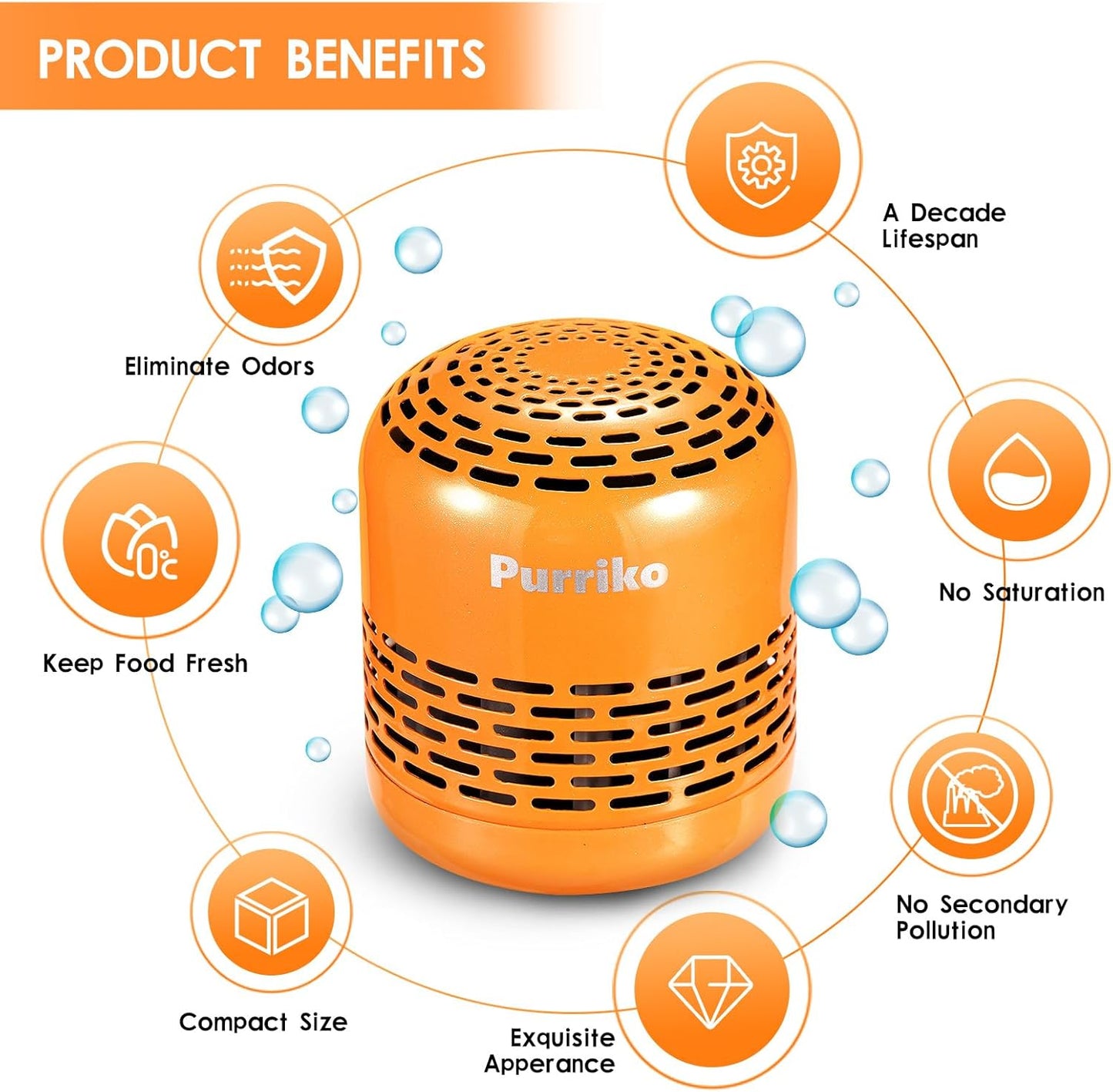 Purriko Refrigerator Deodorizer,Lasts up to 10 Years,Refrigerator Odor Eliminator,Fridge Deodorizer,More Effective Than Baking Soda Bamboo Air Purifying Bags,Orange