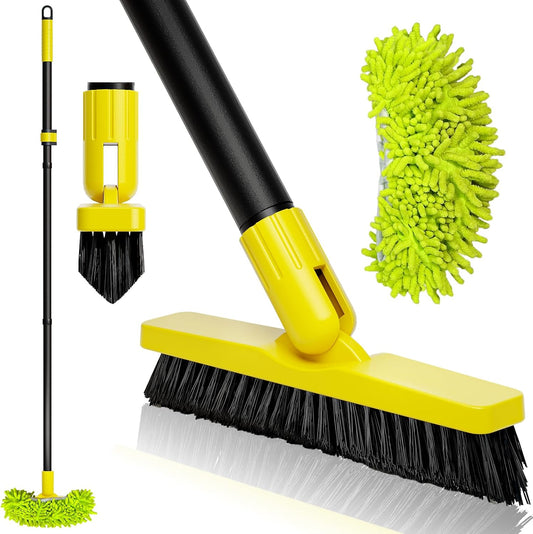 Grout Brush with Long Handle, Rotation Tile Grout Cleaning Tool, Wall Cleaner Mop, Baseboard Scrubber with 1 Chenille Duster for Painted Walls, Floor and Corners, V-Shape Shower Scrubber Cleaner -59in