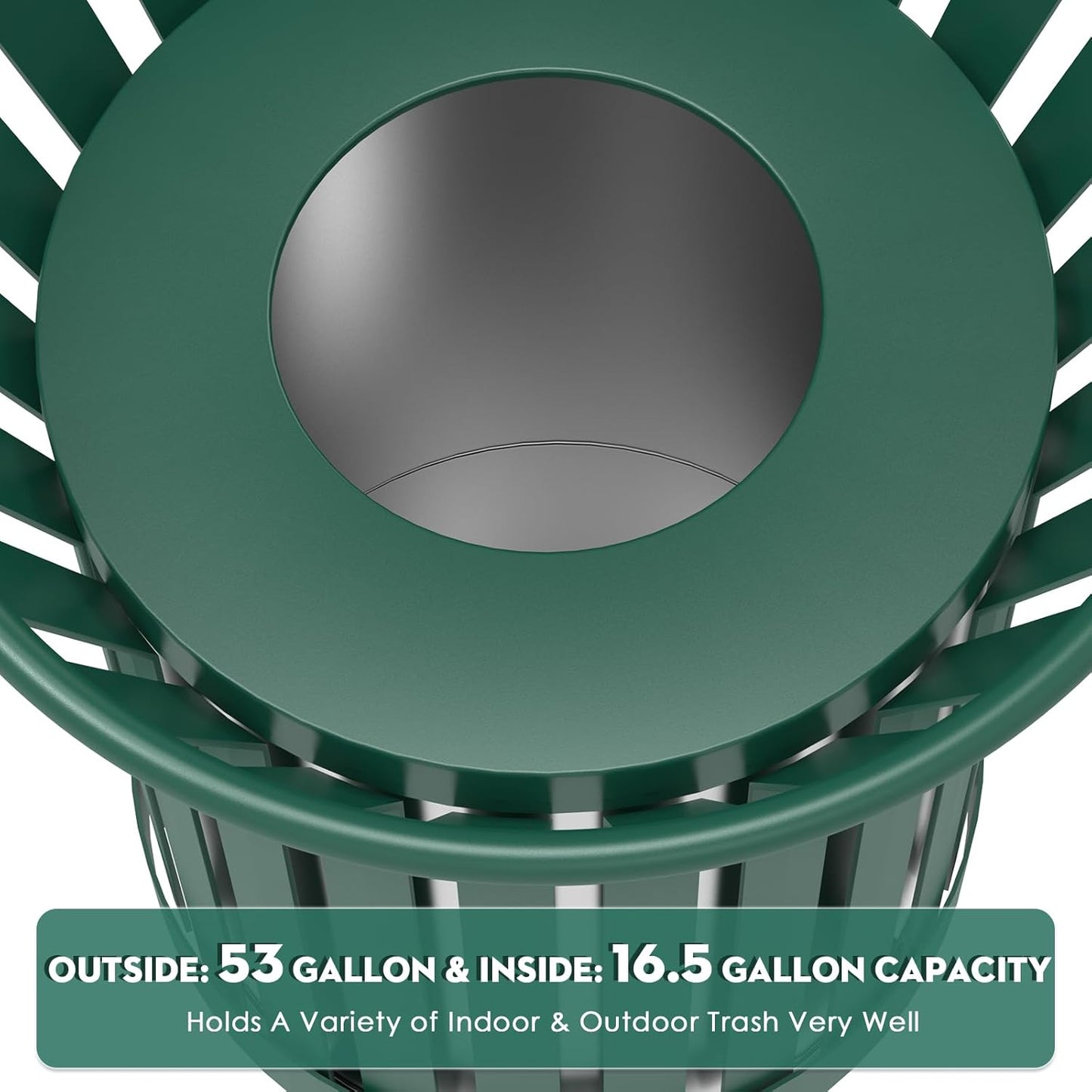 27.6IN Round Large Outdoor Trash Can, Heavy Duty Metal Slatted Garbage Can Outdoor, All Weather Resistant Commercial Garbage Cans, Waste Receptacle in Park, School, Beach, Patio, Green