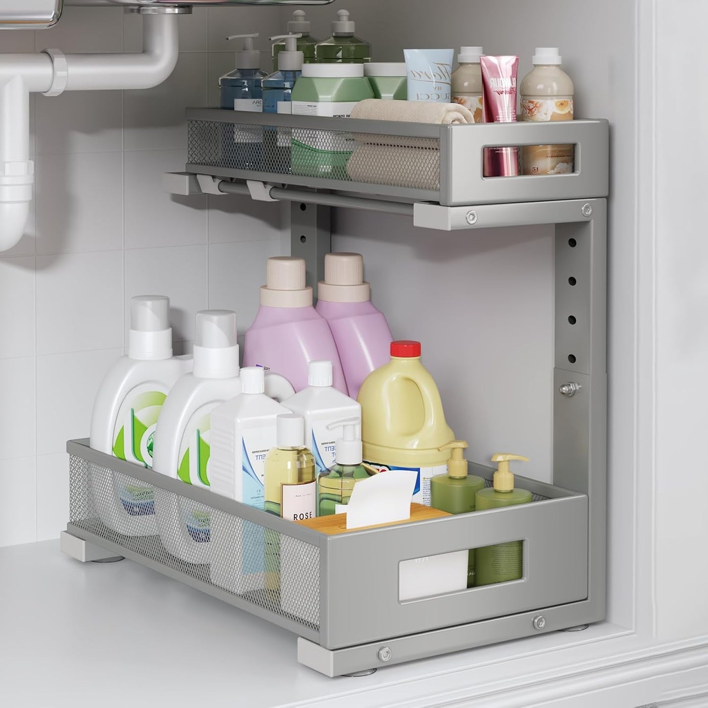 1 Pack-11.4"-16.14" H Under Sink Storage Organizer, Large 2-Tier Elegant Mesh Pull Out Shelf for Kitchen & Bathroom Cabinet Organization, L-Shaped, Adjustable Height-Gun Gray