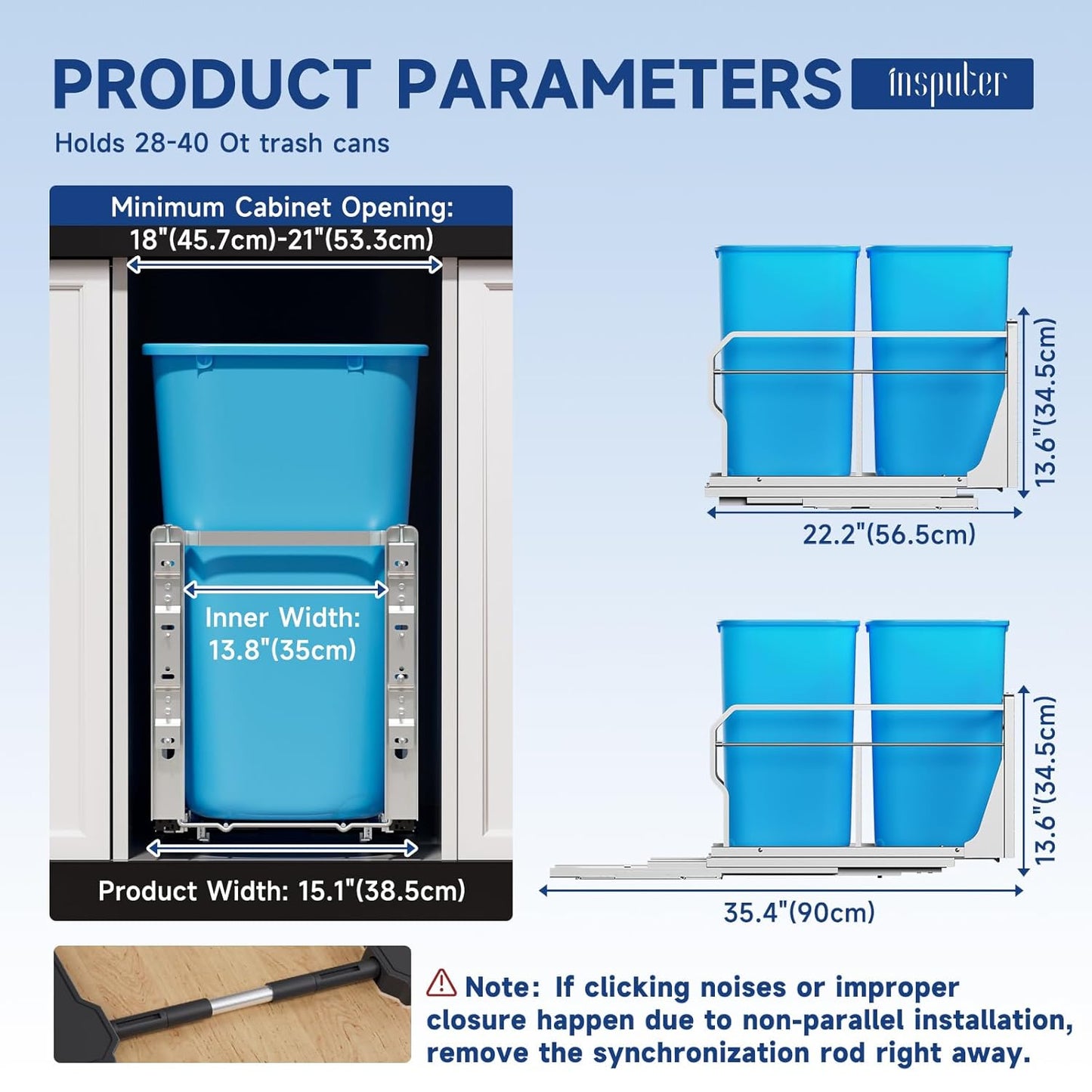 Insputer Double Pull Out Trash Can Under Cabinet with Push to Open Slides, Heavy Duty Under Sink Garbage Can Kit for Kitchen, Not Include Bin, Require 18" W X 24" D Cabinet, has Installation Video